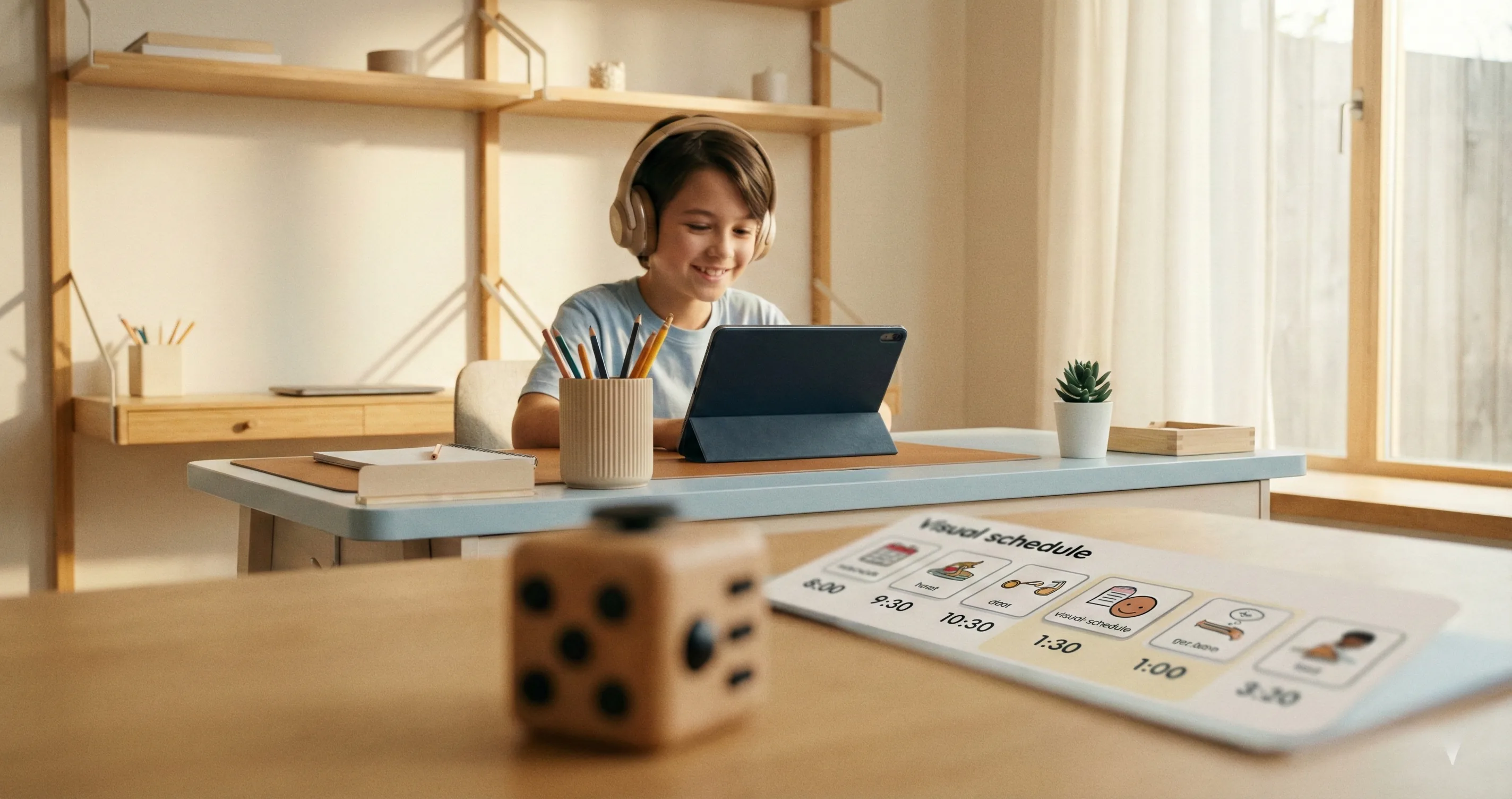Child with headphones at an organized desk with fidget toy nearby - ADHD screen time management