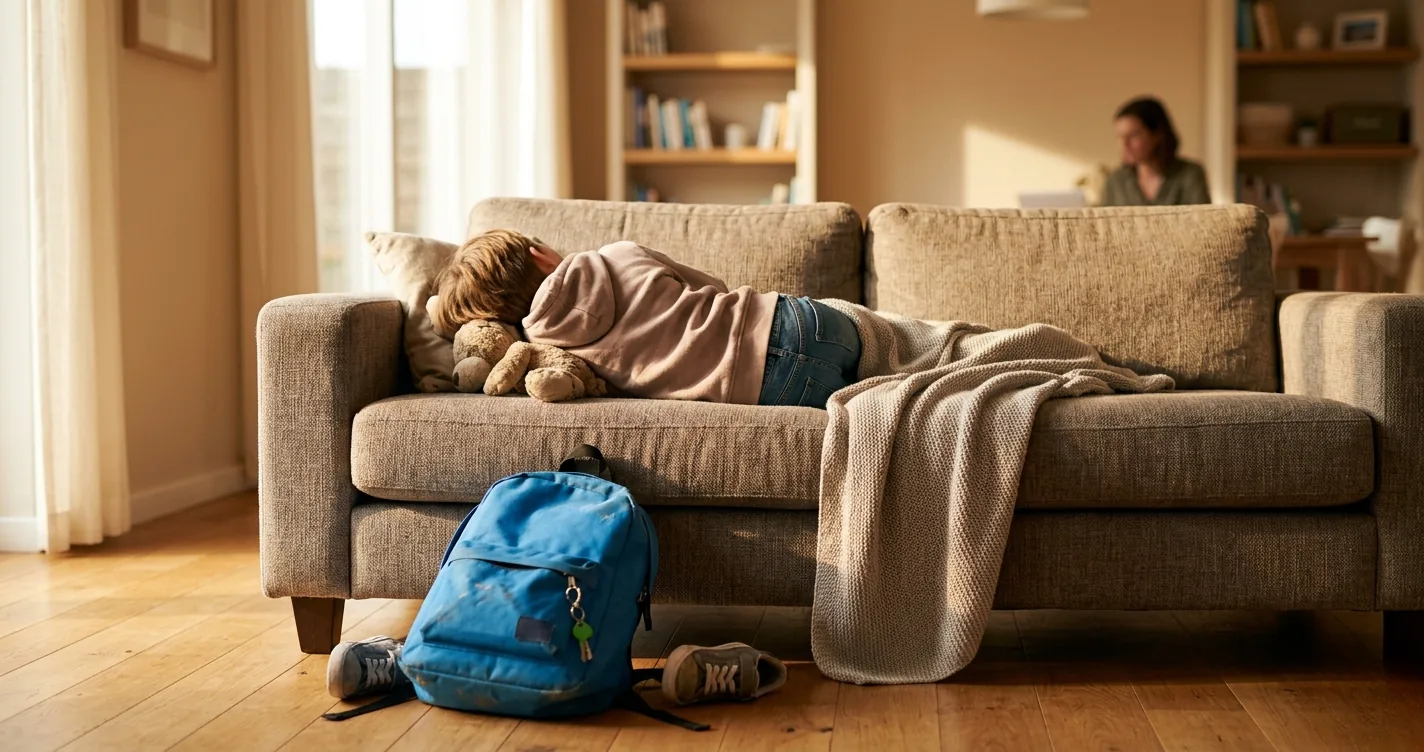 Child resting on a couch with a backpack on the floor after school - after school routine adhd
