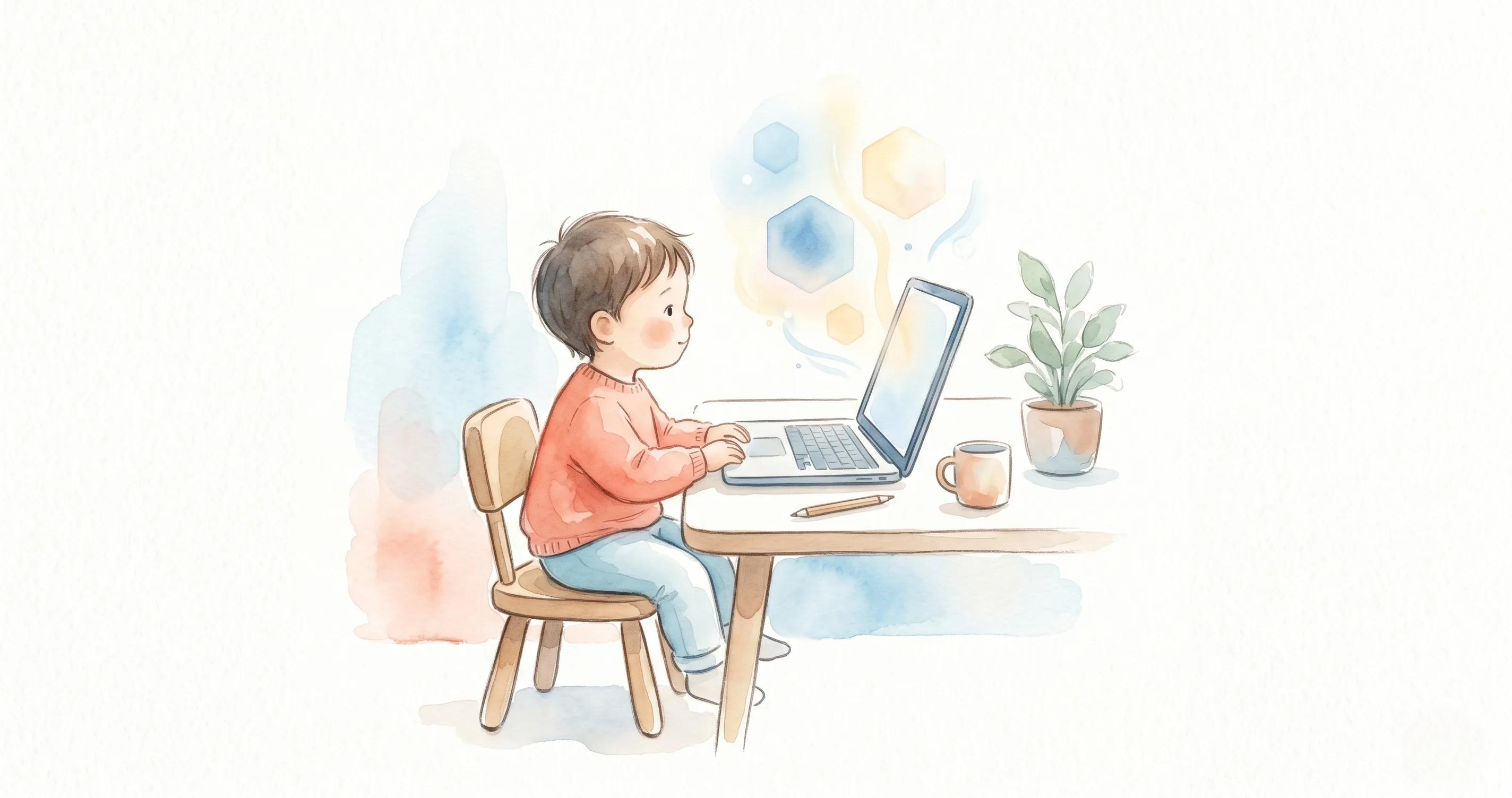 Child at a desk with a laptop showing abstract AI patterns - AI in schools pros and cons