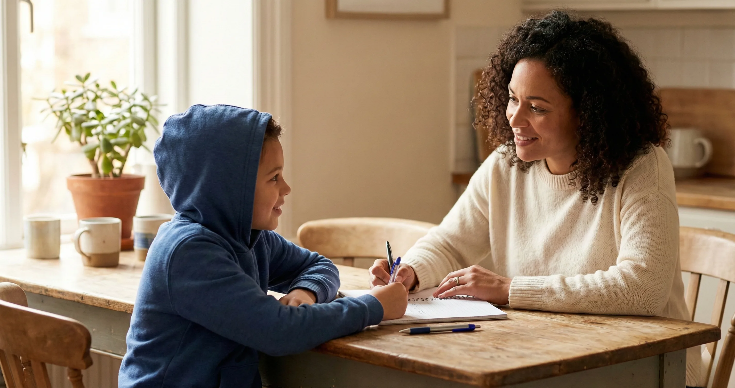 Parent and child discussing a plan together at a kitchen table - alternatives to taking away screen time