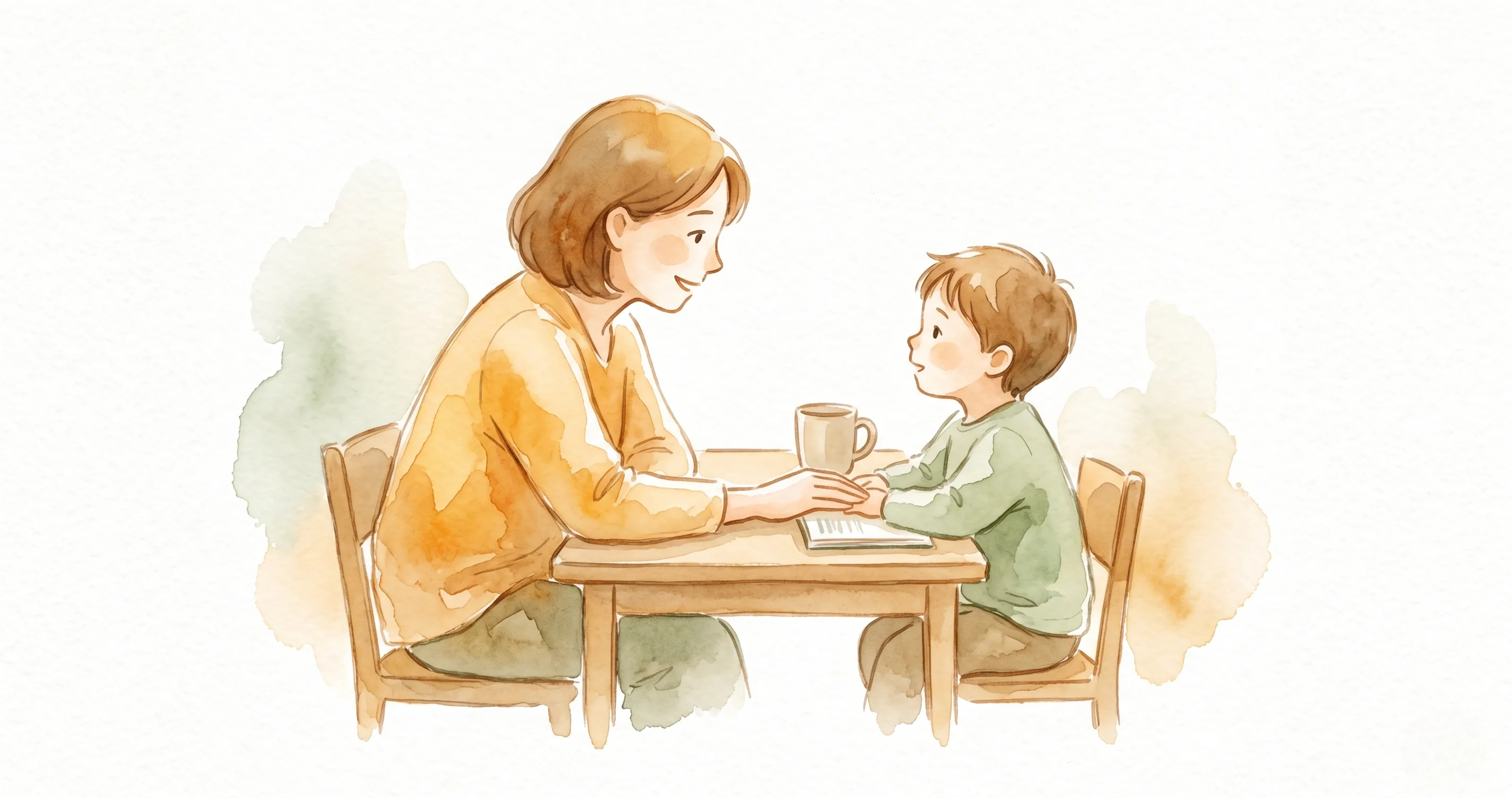 Parent and child having a calm discussion at a table - authoritative parenting style