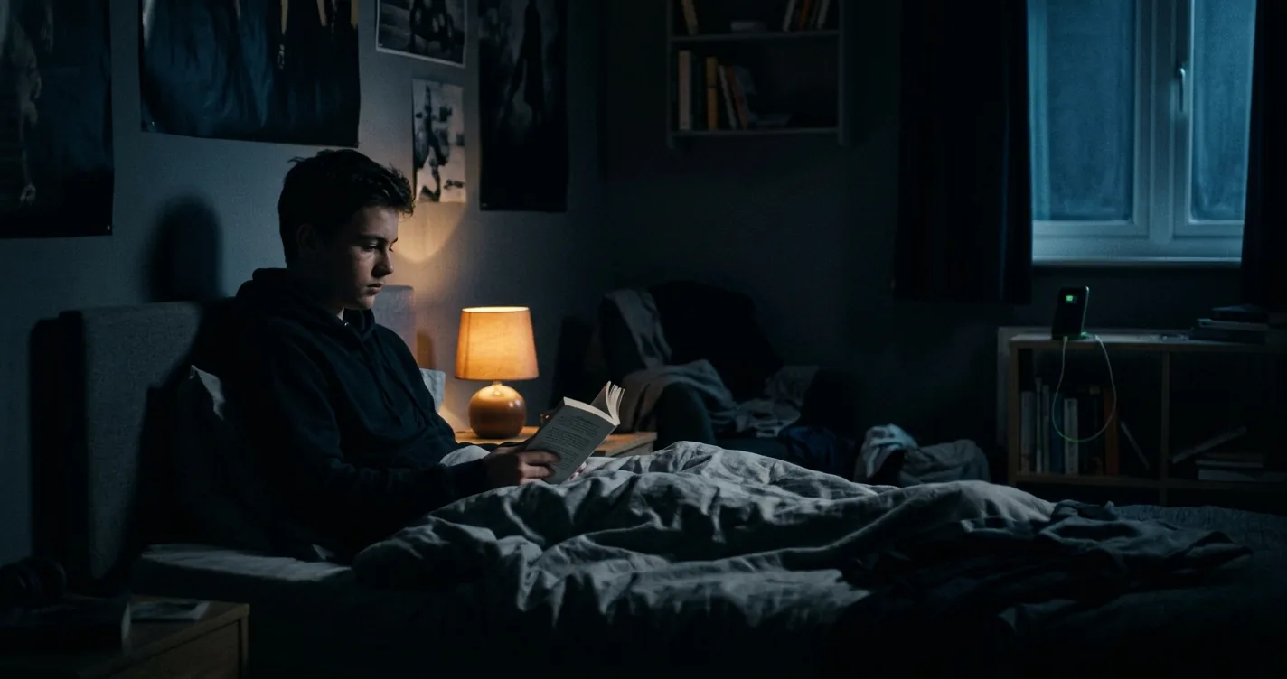 Teenager's bedroom with phone charging across the room and a book on the bed - bedtime routine for teenager