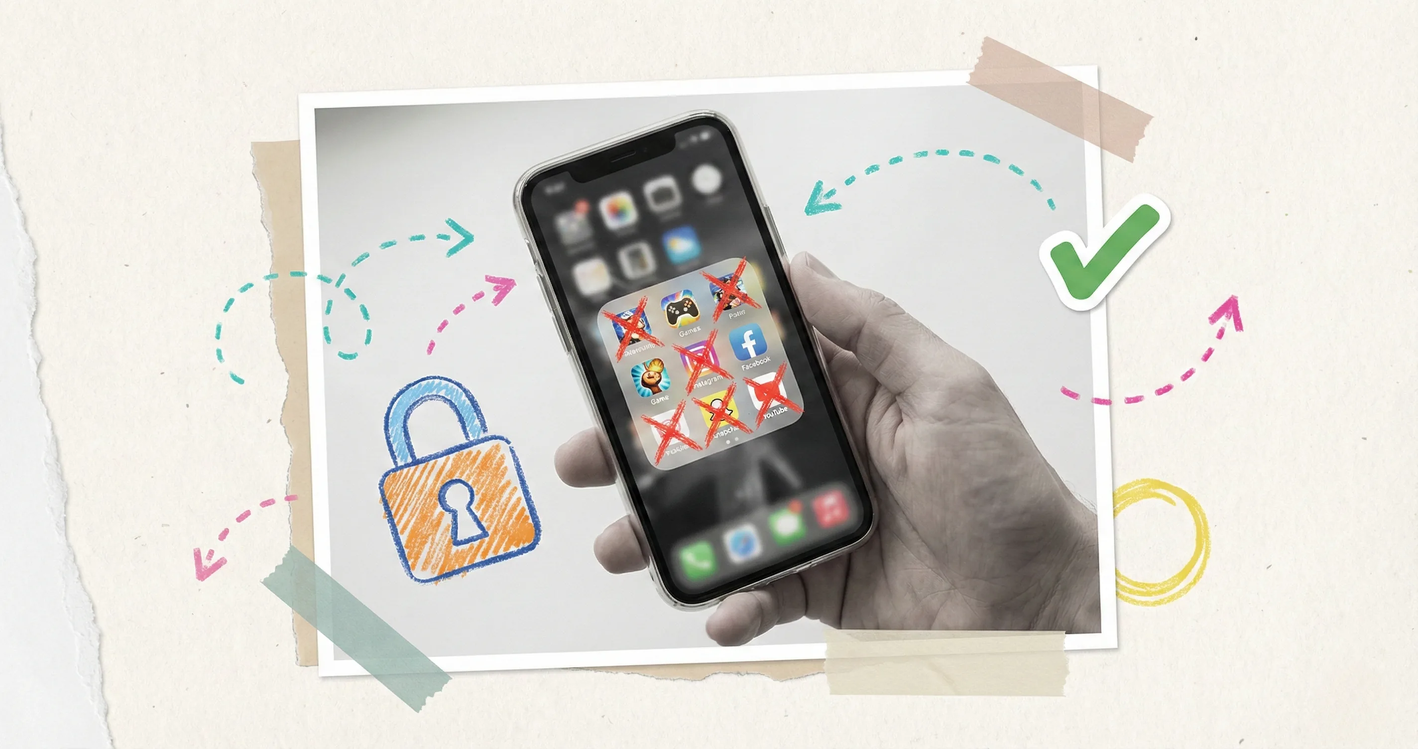 Parent's hand holding phone with blocked app icons - how to block apps on kids phone