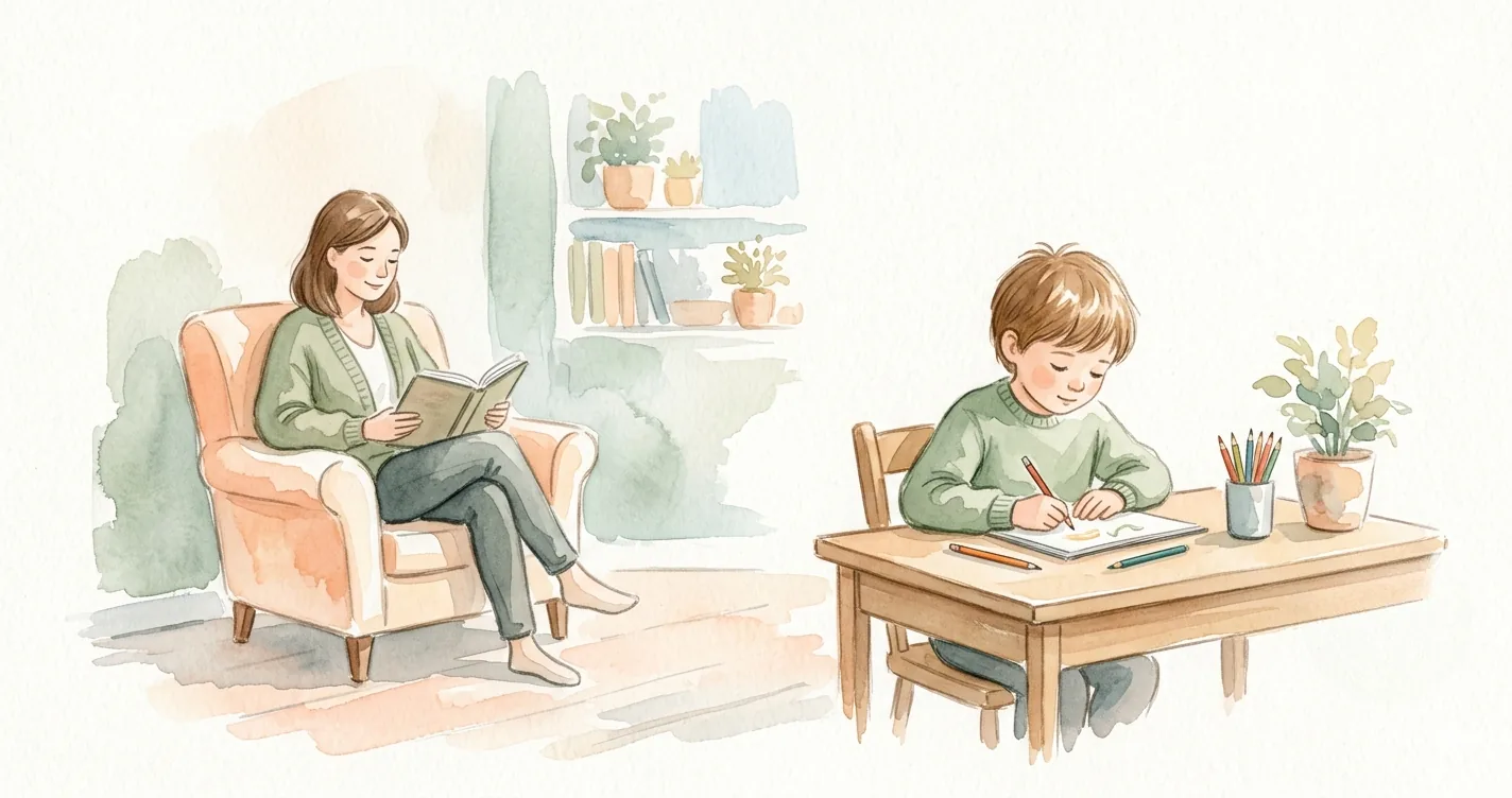 Parent sitting quietly nearby while child does homework at a desk - body doubling adhd