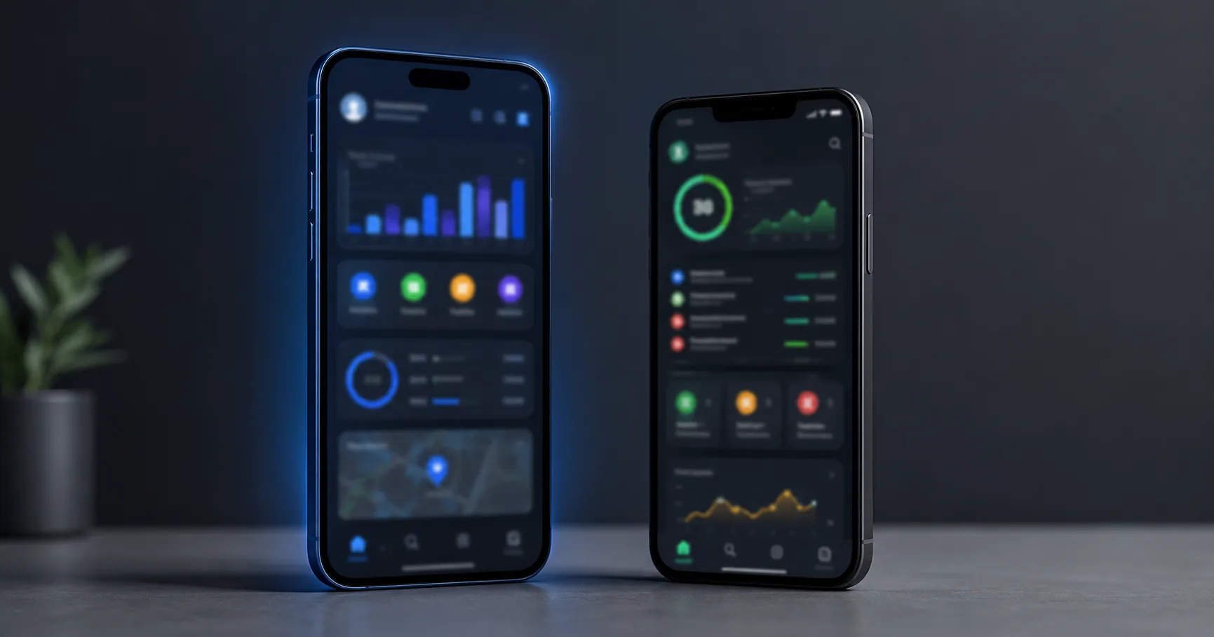 Two smartphone screens showing parental monitoring dashboards side by side - bright canary vs bark