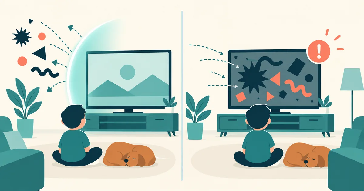 Stylised living room split between a blocked screen and a late alert - canopy vs bark