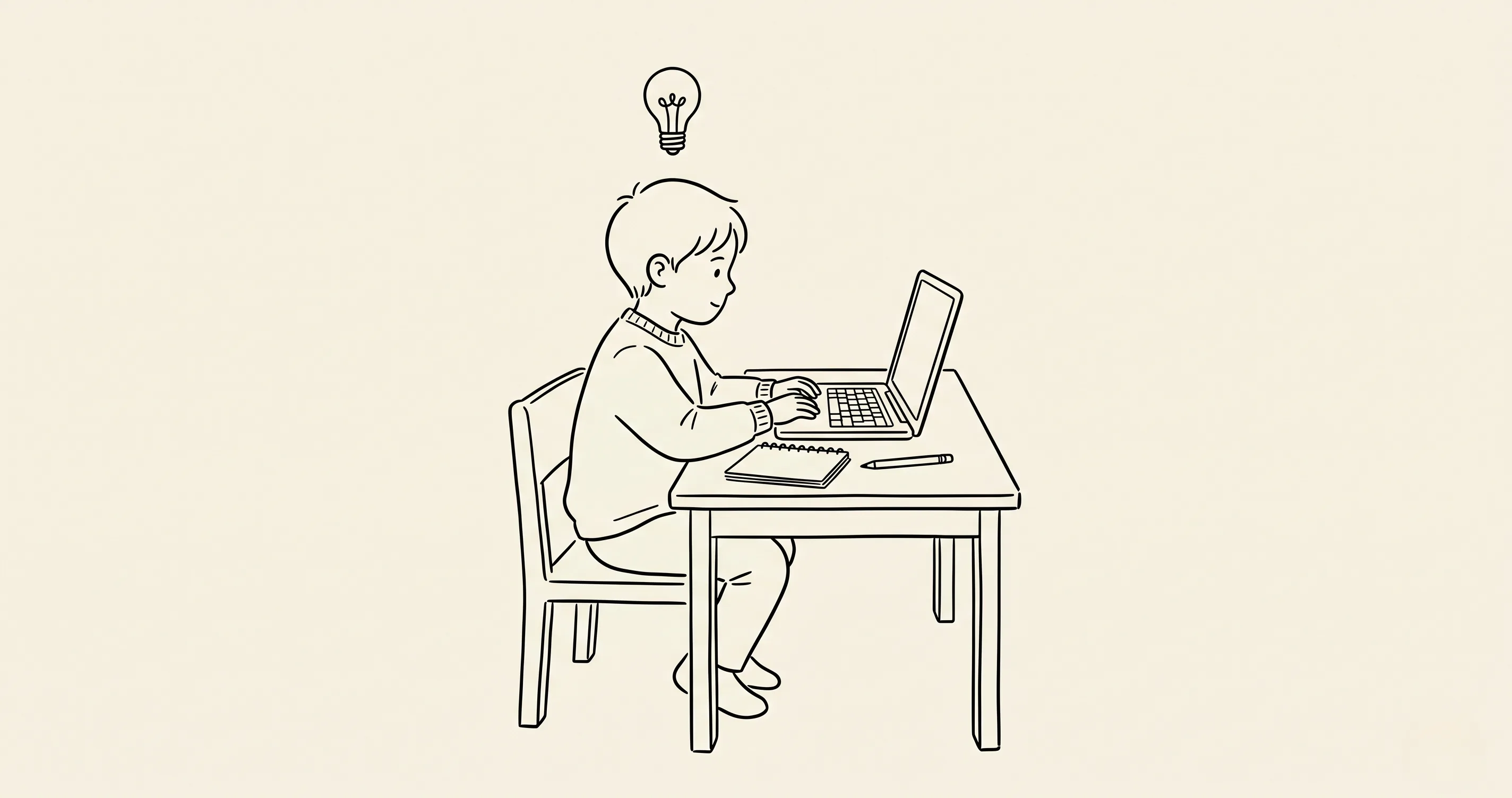 Child at a desk with a laptop and notebook open side by side - ChatGPT homework