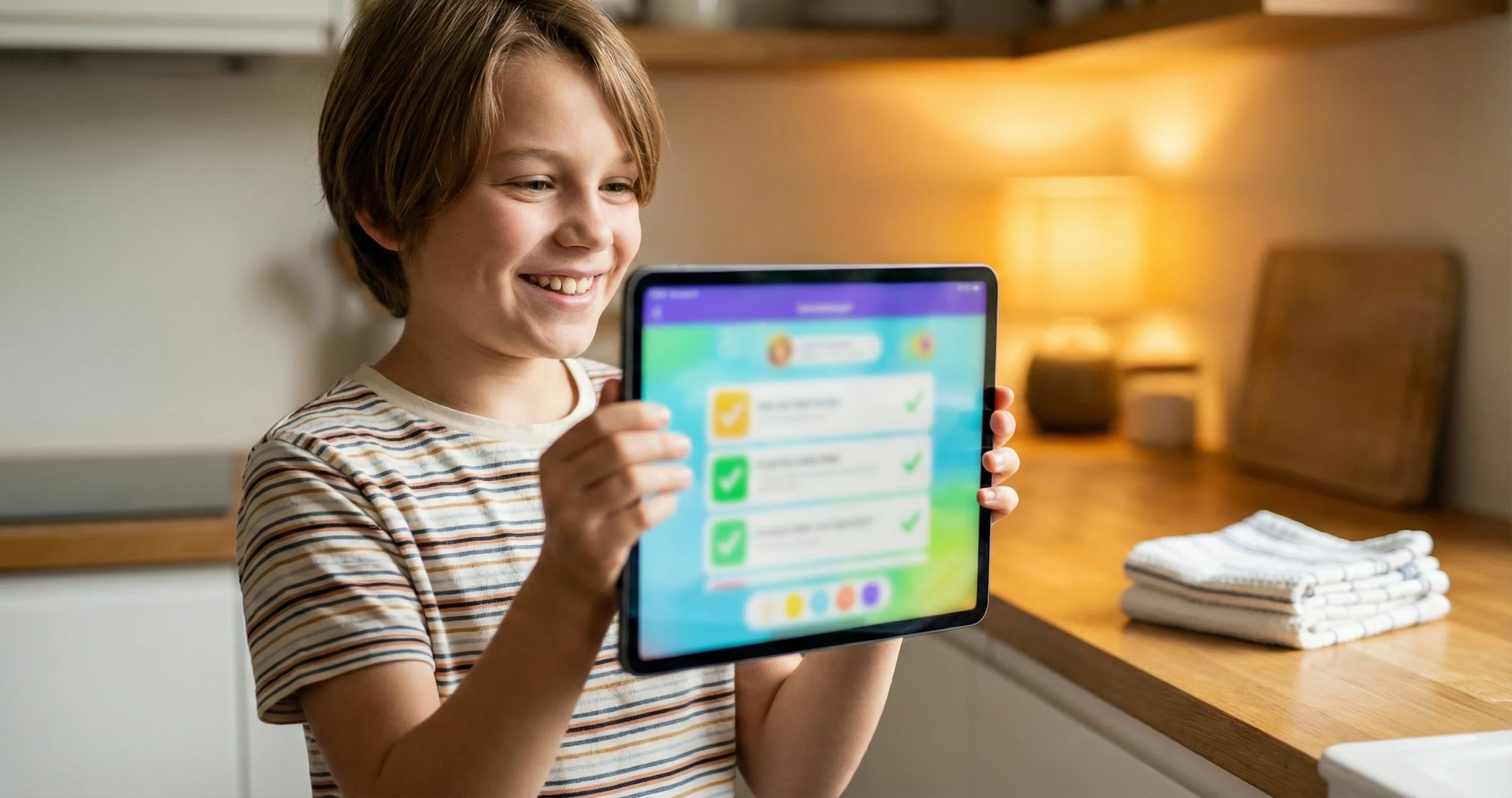 Child in kitchen holding a tablet showing a chore checklist app - chore app for kids with rewards