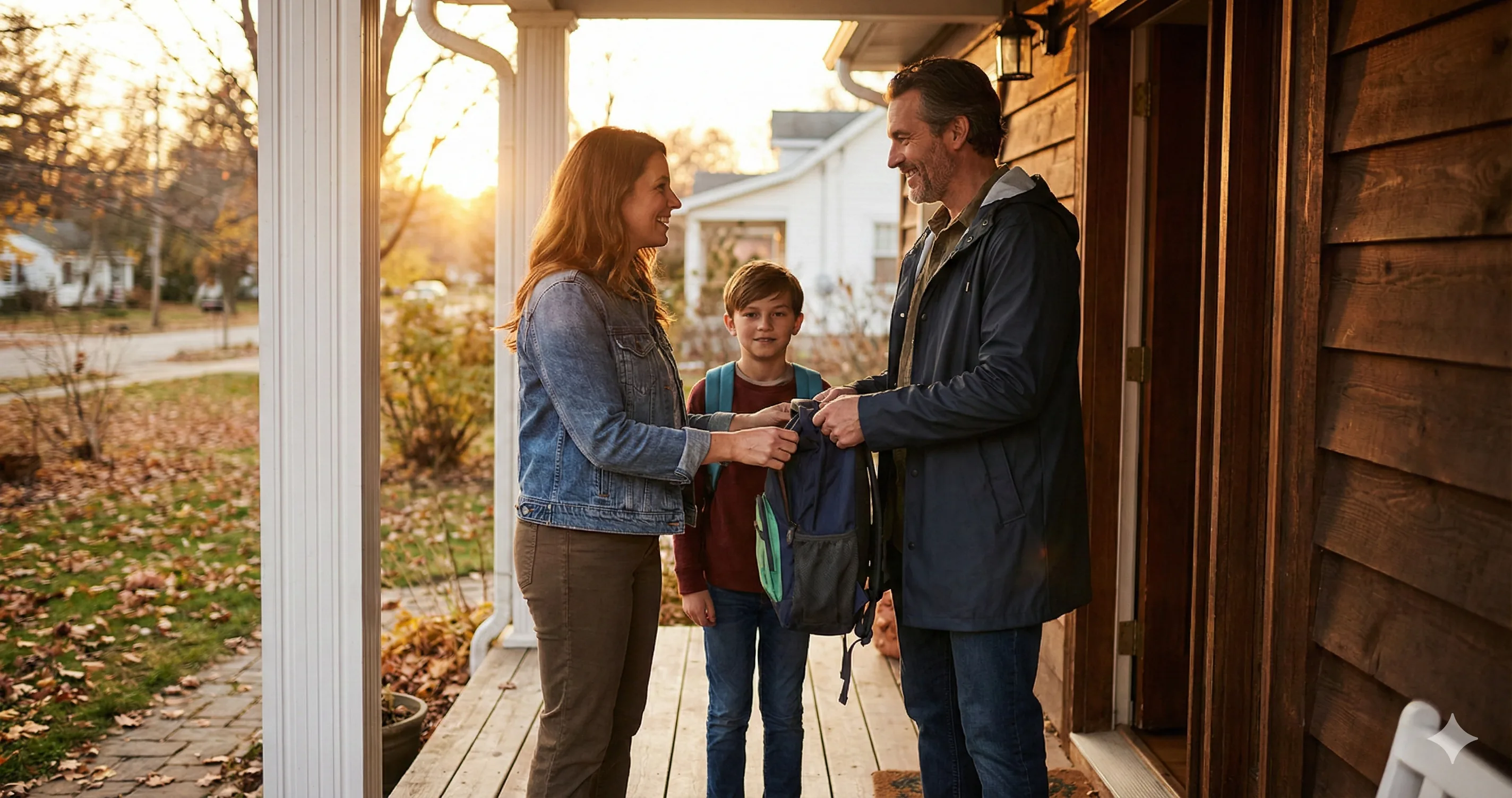 Two parents and child at a doorway during a friendly pickup - co-parenting screen time rules