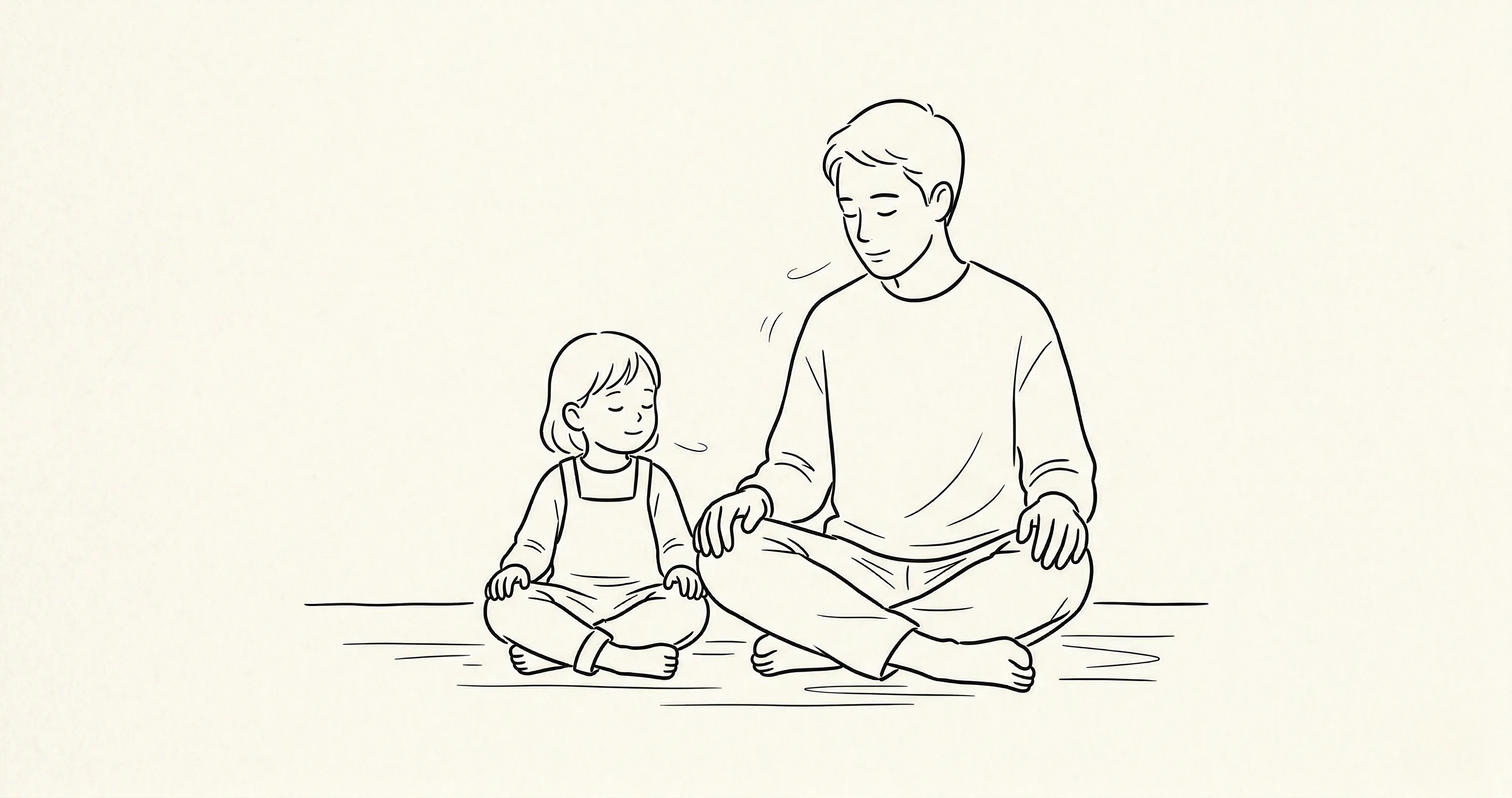 Parent sitting beside an upset child on the floor, both breathing calmly - co-regulation parenting