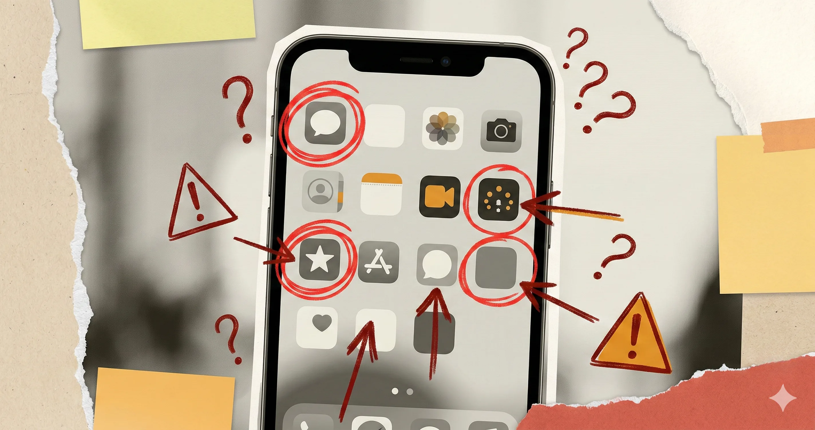 Phone screen with app icons and warning marks - dangerous apps for kids