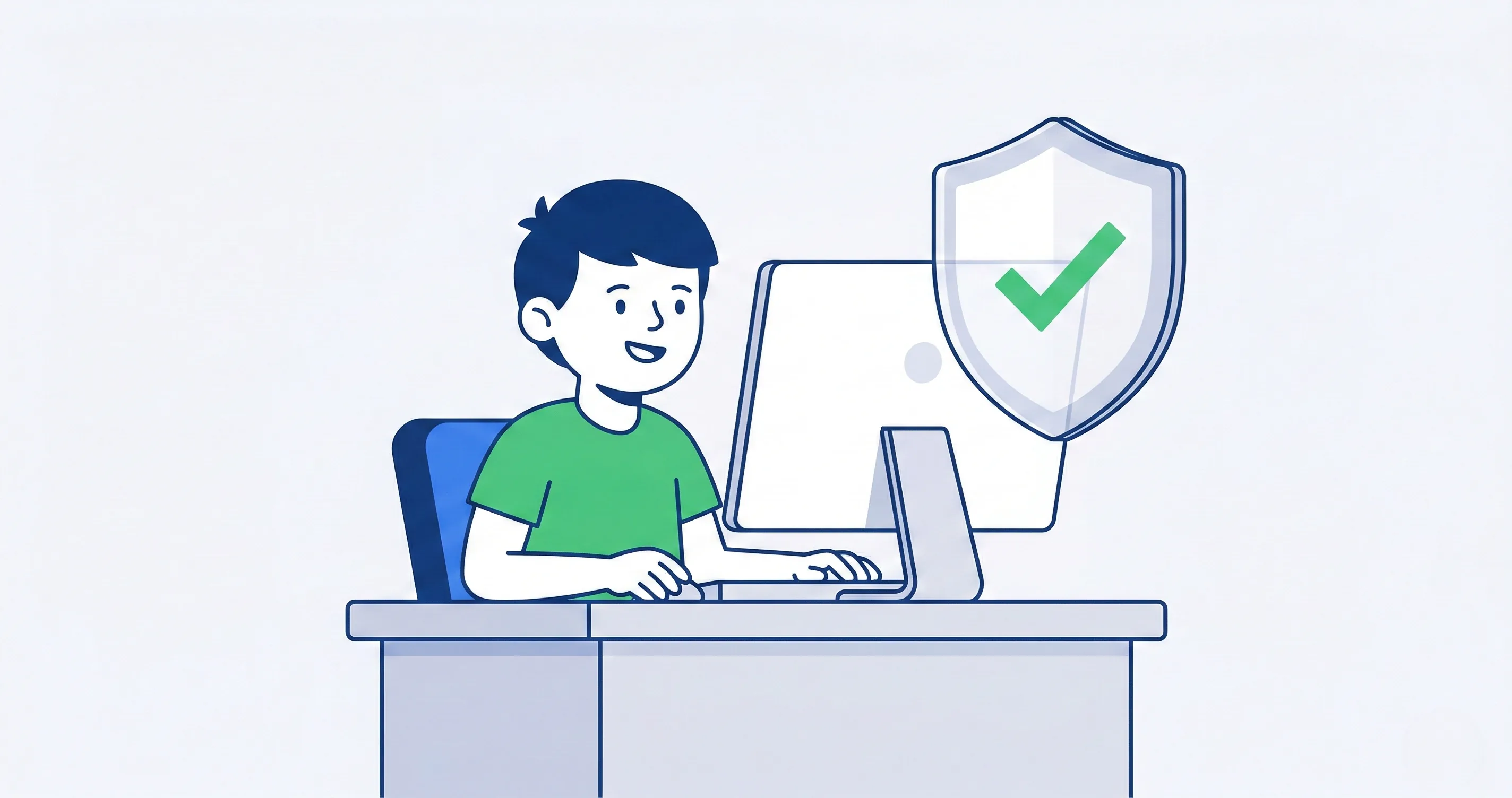 Child using a computer with a shield and checkmark icon beside them - digital citizenship rules