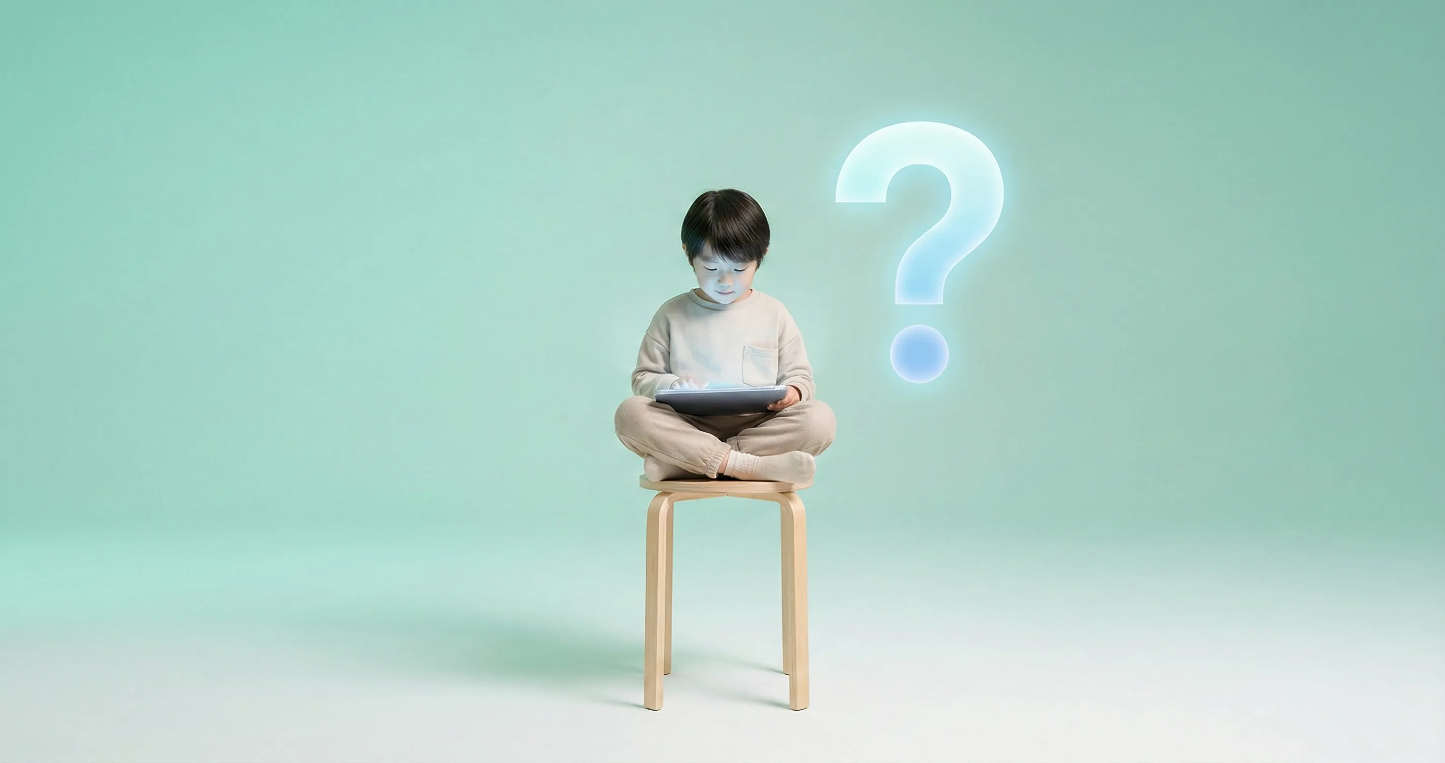 Child focused on a screen with question mark thought bubble - does screen time cause ADHD