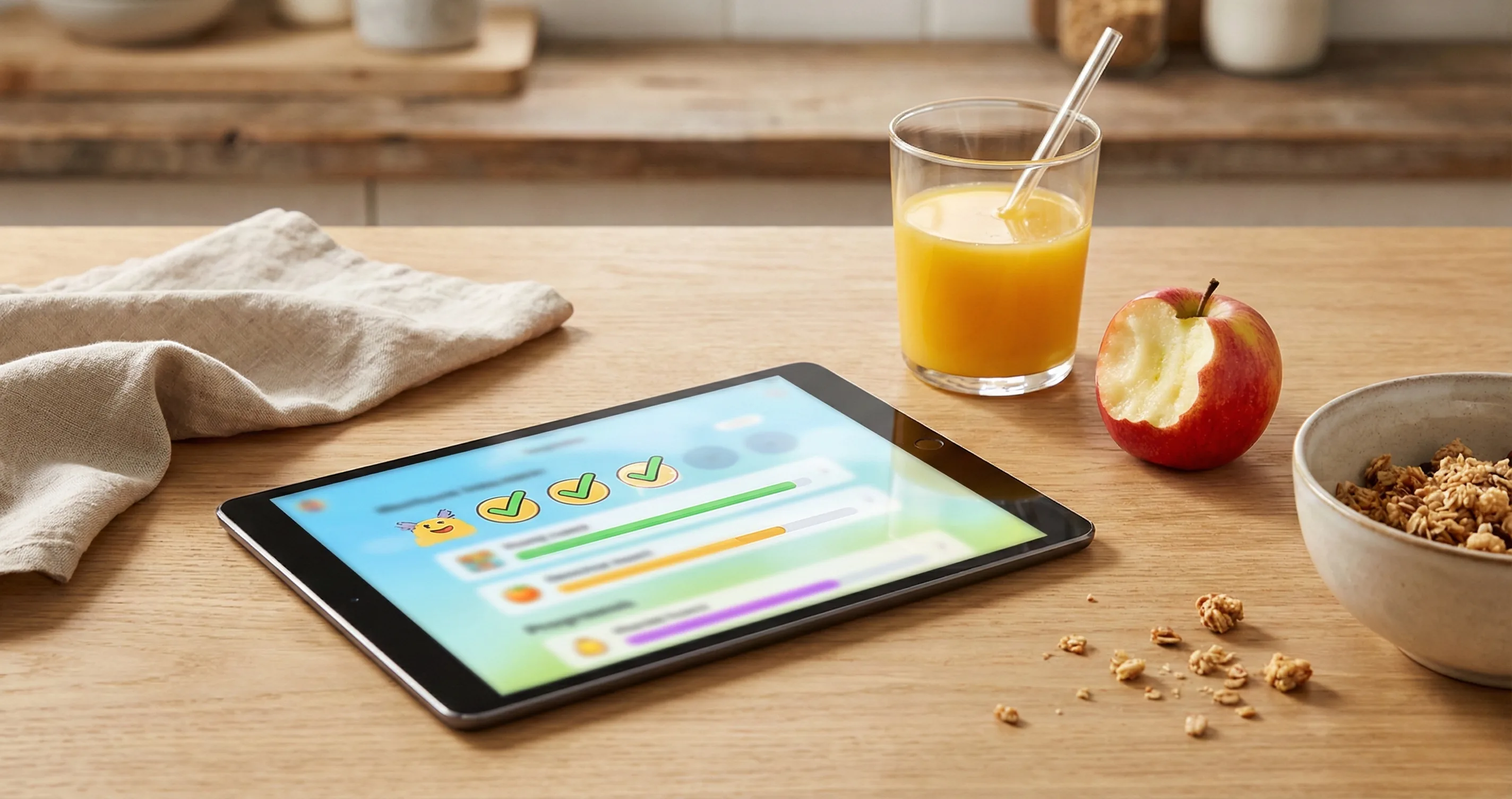 Tablet on a kitchen table showing a colorful reward app interface - earn screen time app