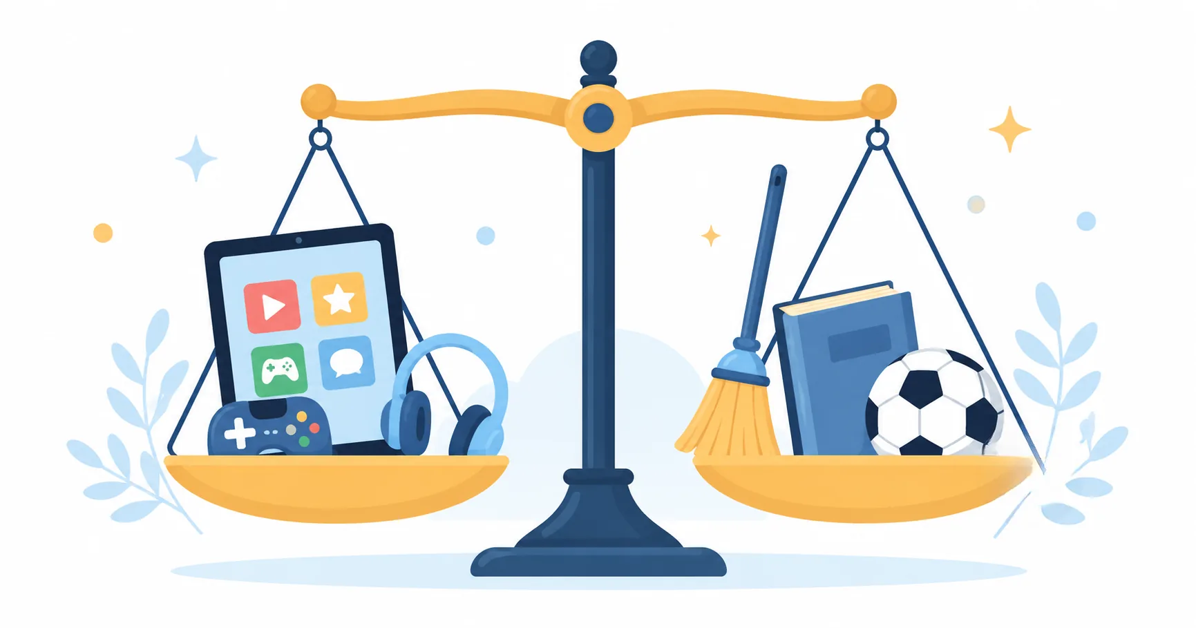 Balanced scale with screen icons and chore icons - earned screen time concept