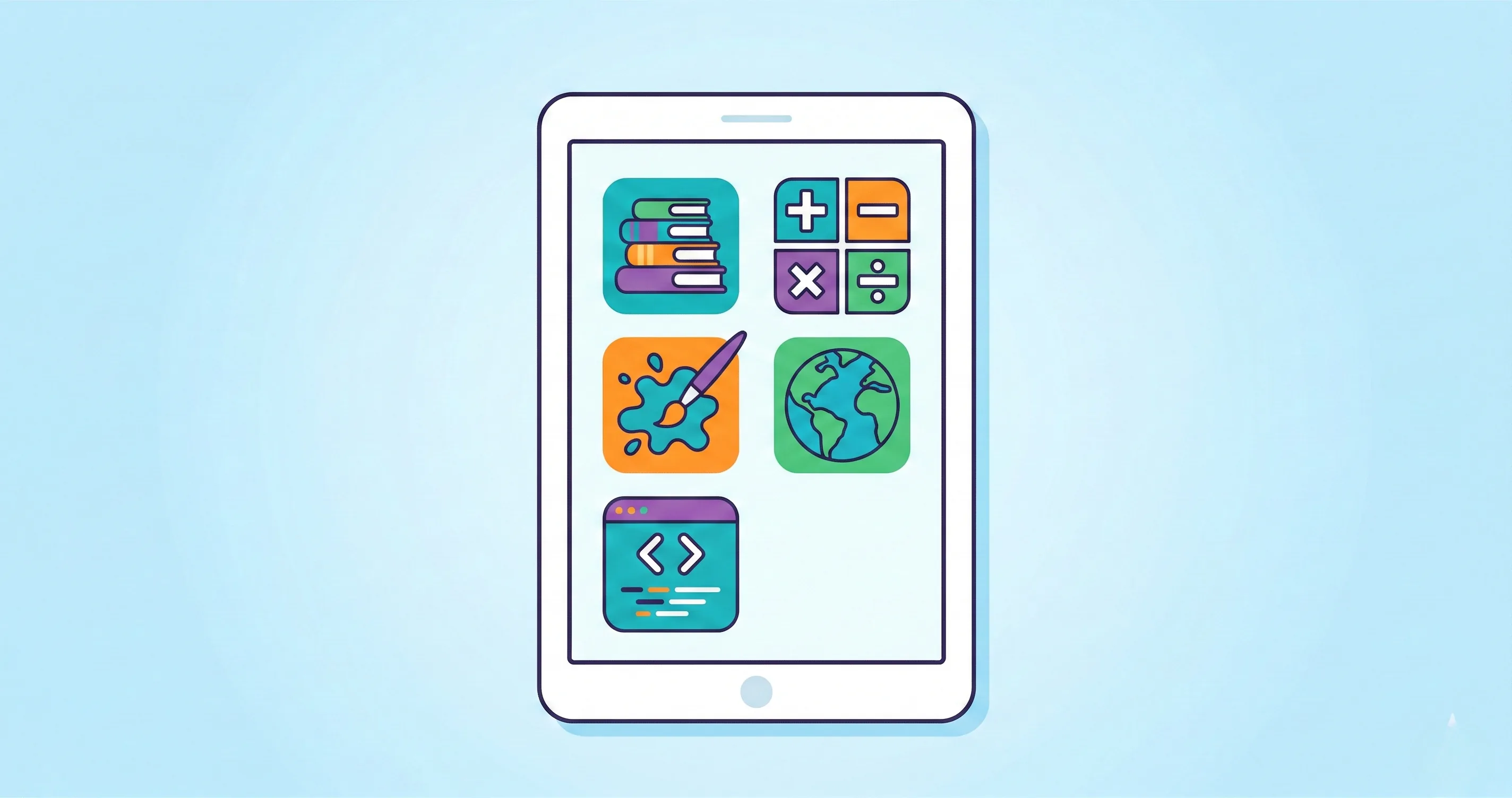 Tablet screen showing colorful educational app icons arranged in a grid - best educational apps for kids
