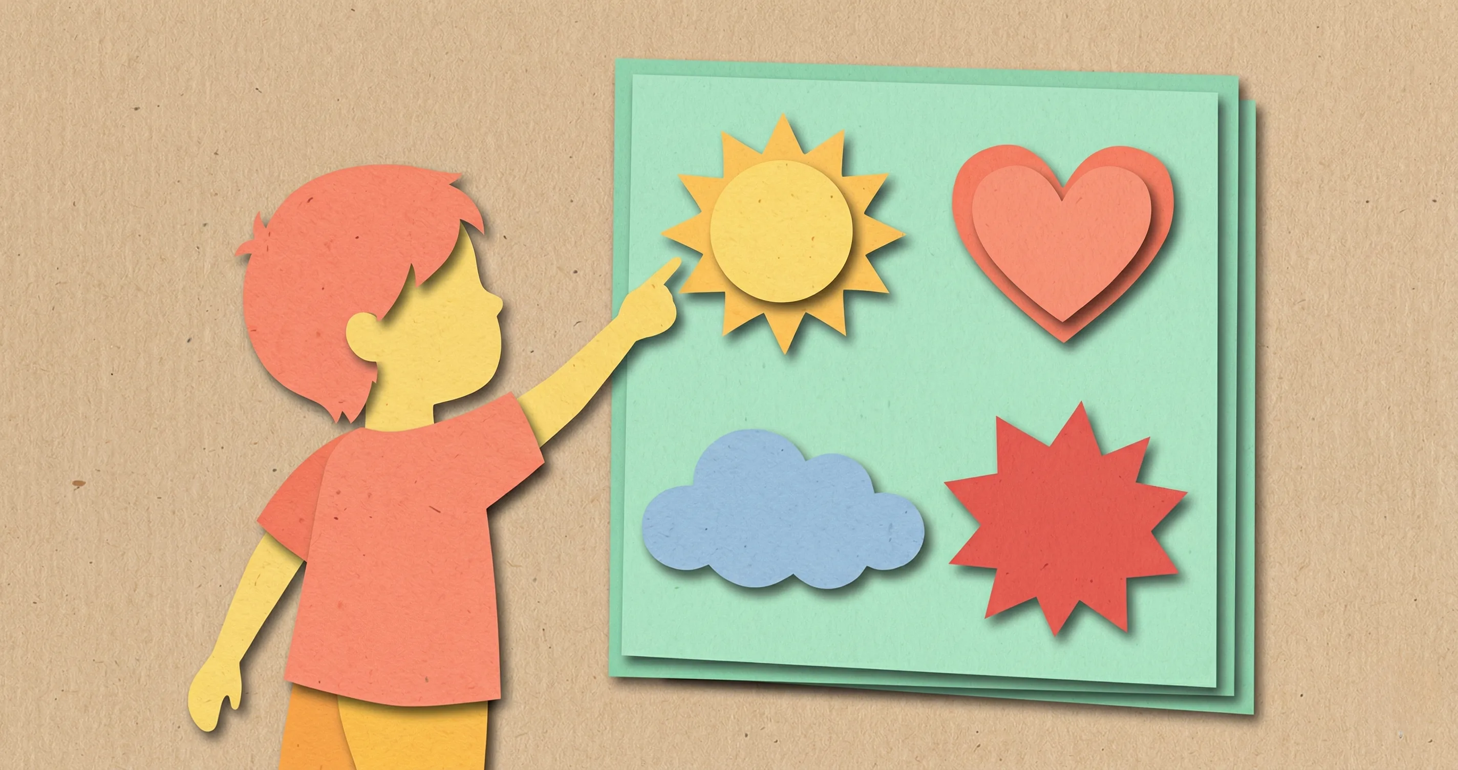 Child pointing at a colorful feelings chart on a wall - emotion coaching for parents