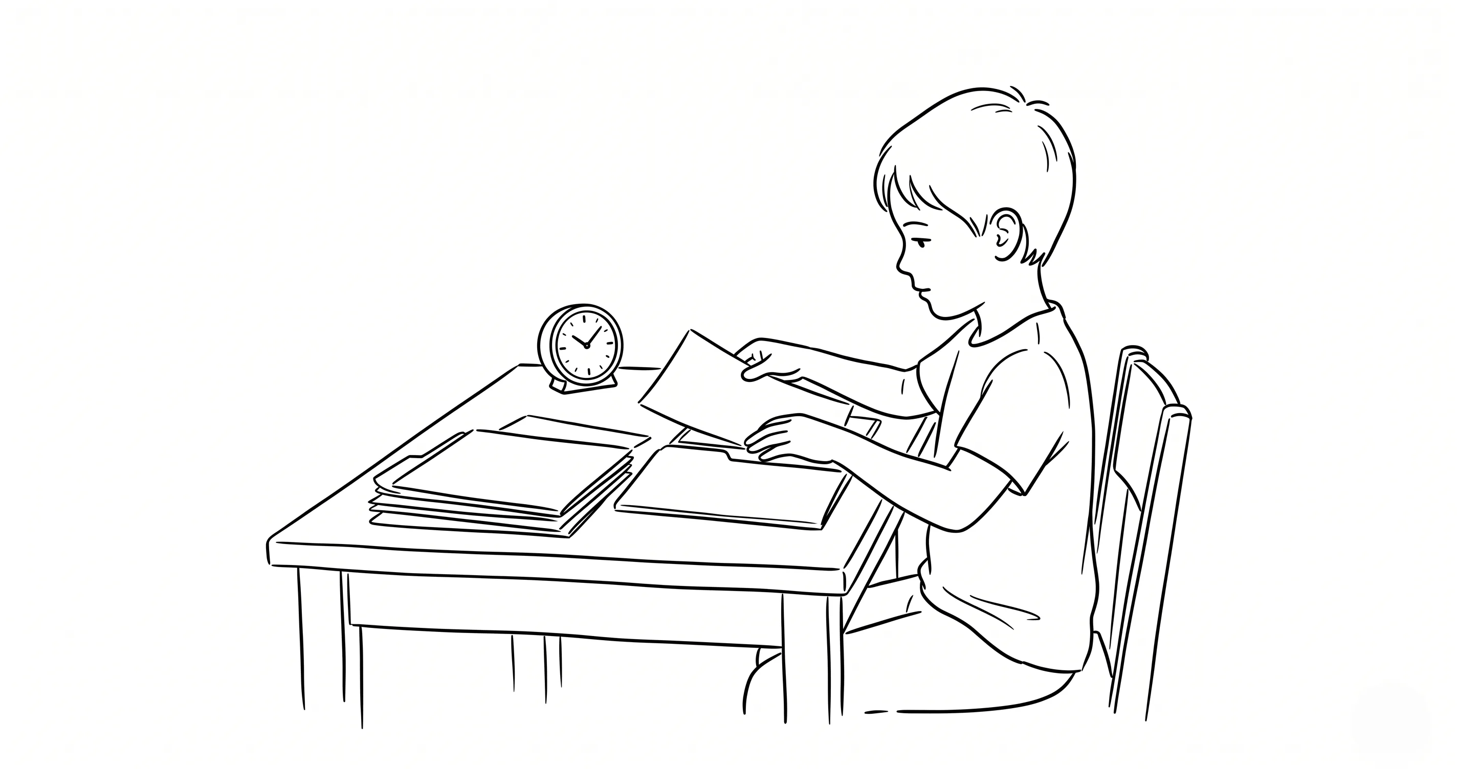 Child at a desk organizing homework materials into folders - executive function skills for kids