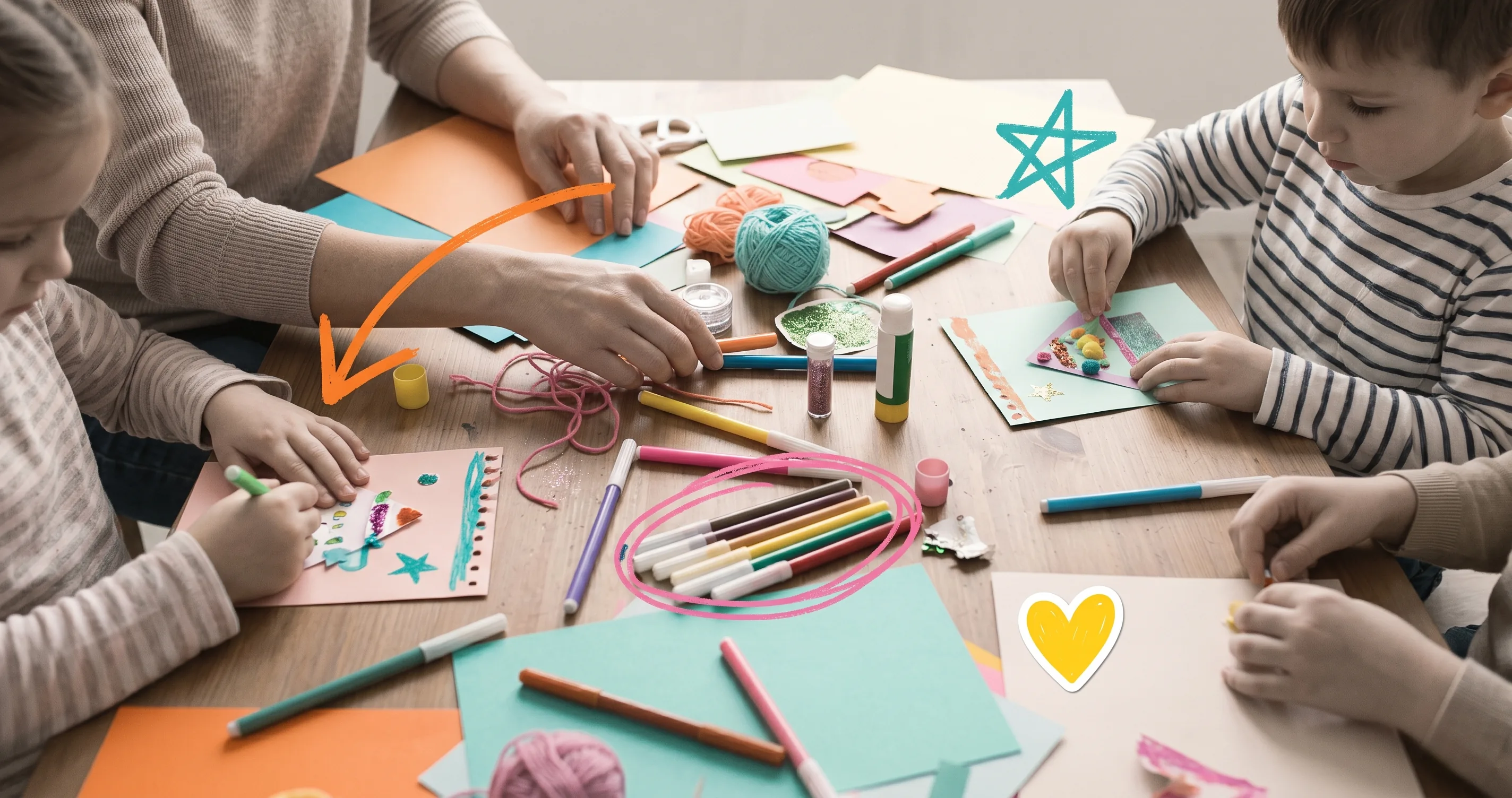 Family doing a craft project together at the kitchen table - family activities at home