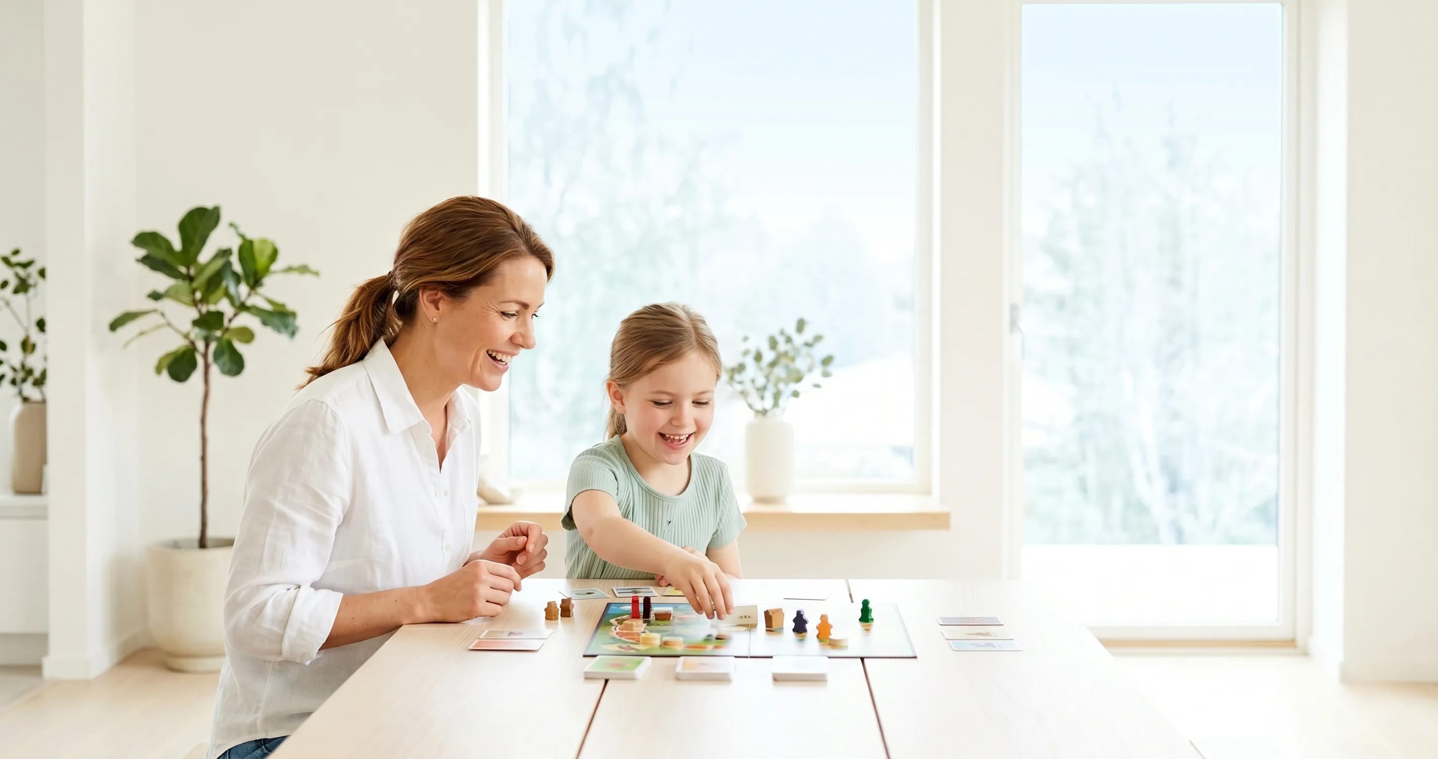 Family playing a board game together at a kitchen table - family activities