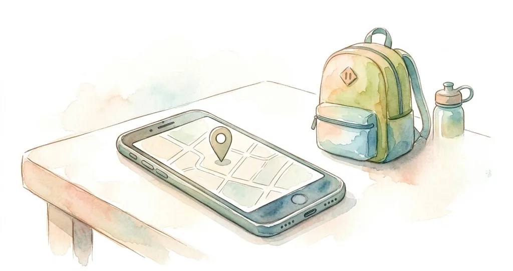 Parent reviewing FindMyKids app on smartphone with child playing in background