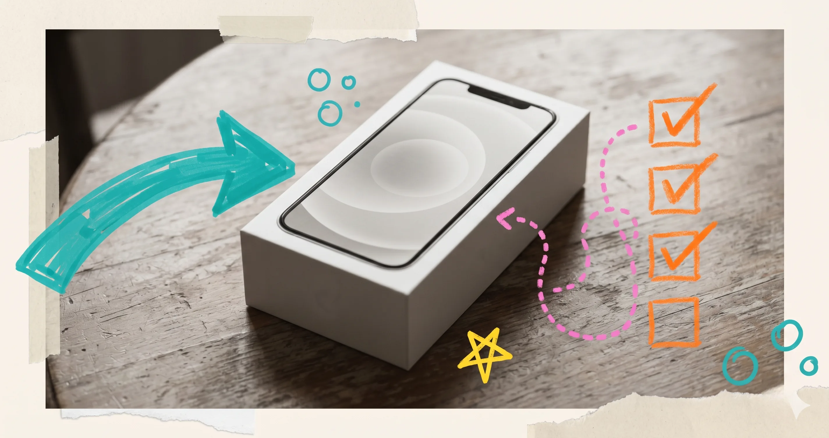 New phone in a box with a printed checklist beside it - first phone checklist