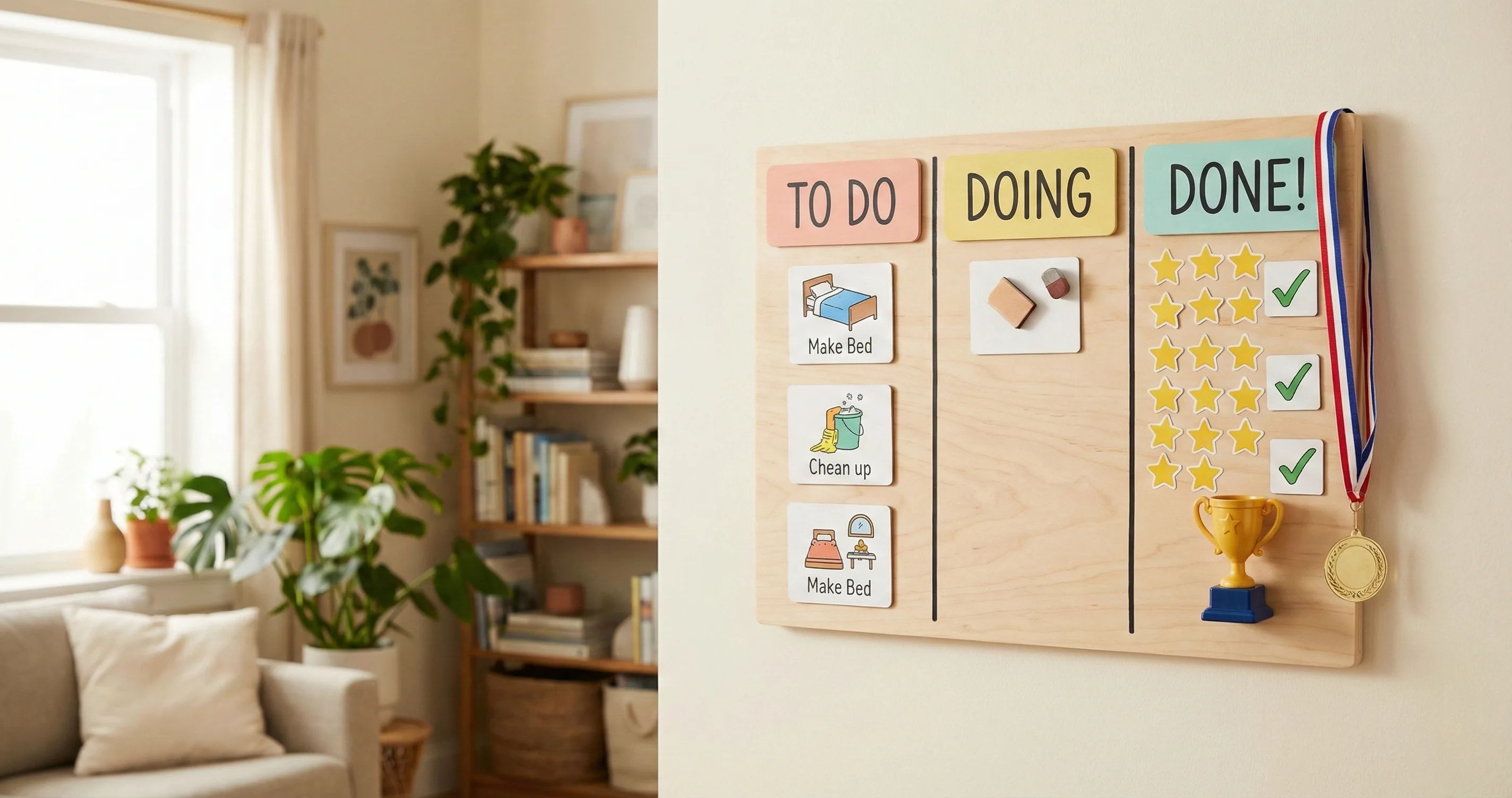 Colorful task board with To Do, Doing, and Done columns on a wall - gamification for kids daily routine