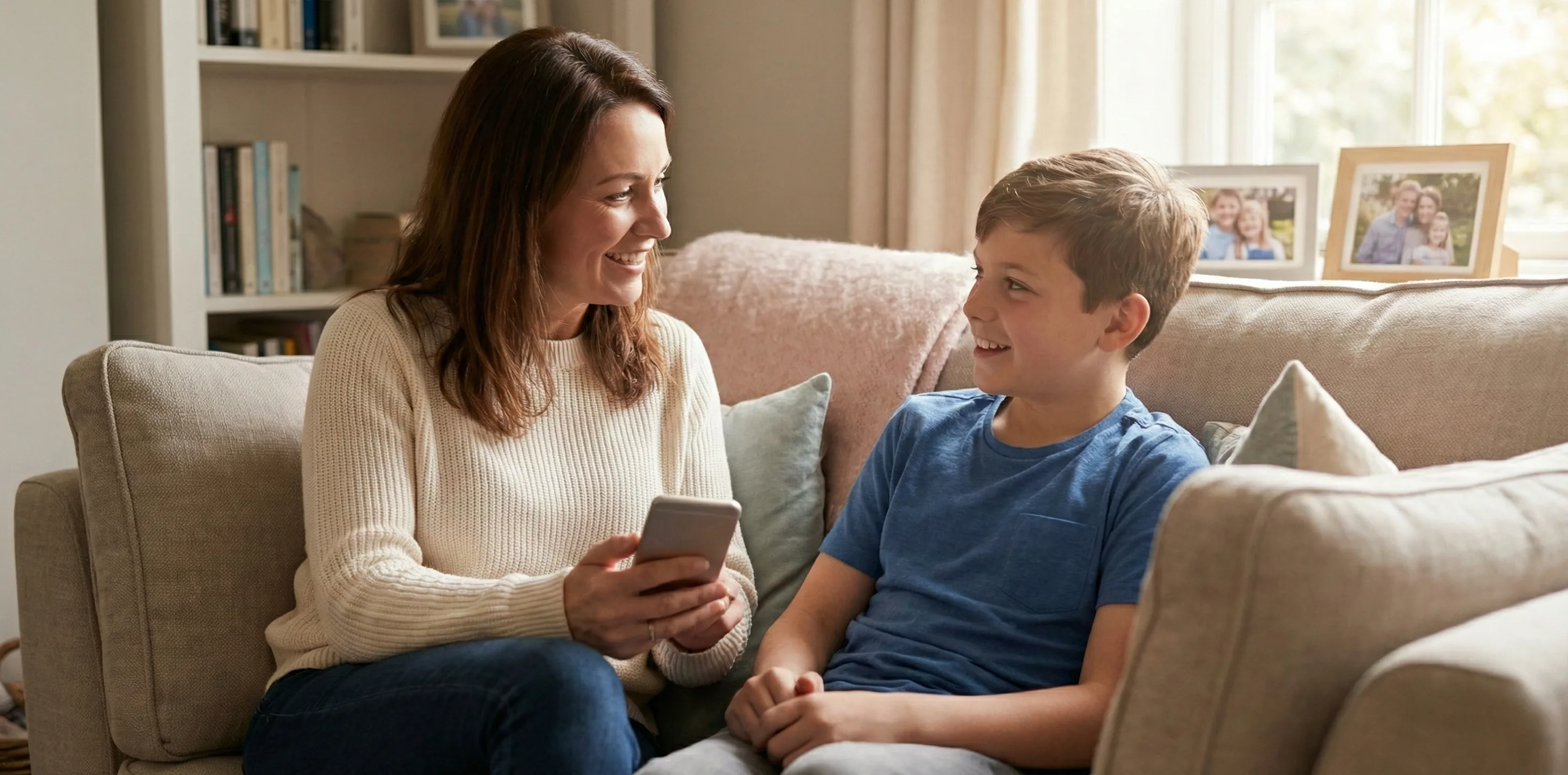Parent and child looking at a phone together on a couch - gentle parental control app