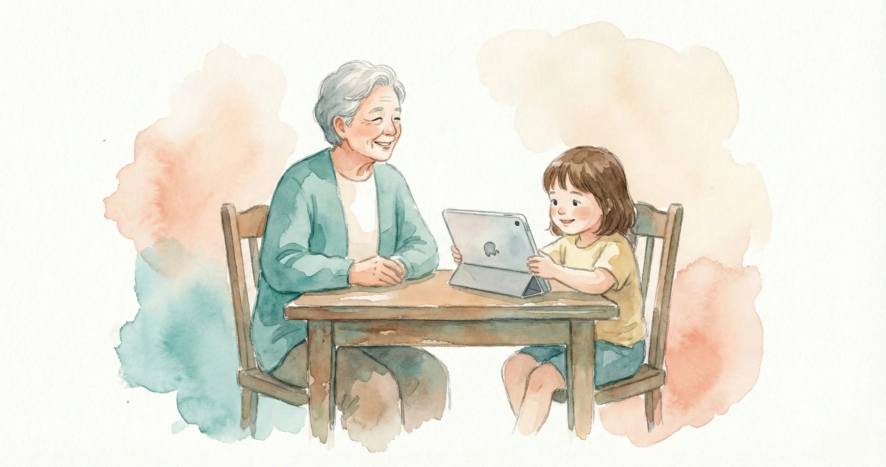 Grandparent and parent chatting warmly at a kitchen table - grandparents screen time rules