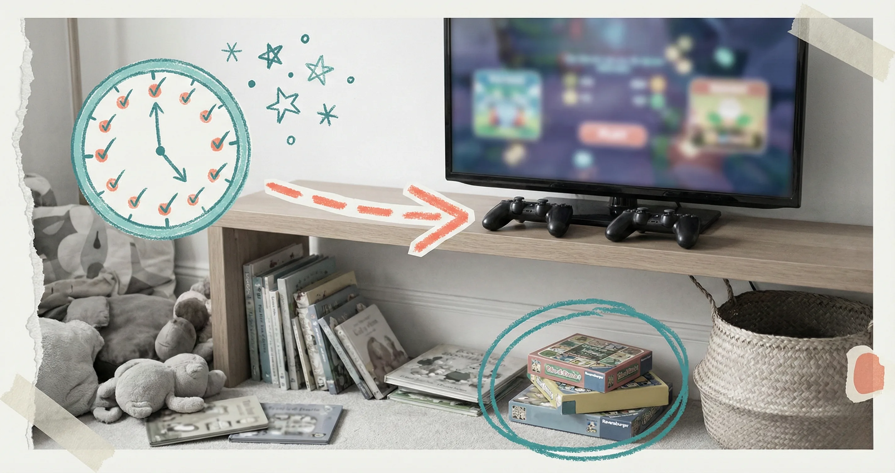 Collage of a family gaming setup with hand-drawn doodle overlays of clocks and checkmarks - healthy gaming habits kids