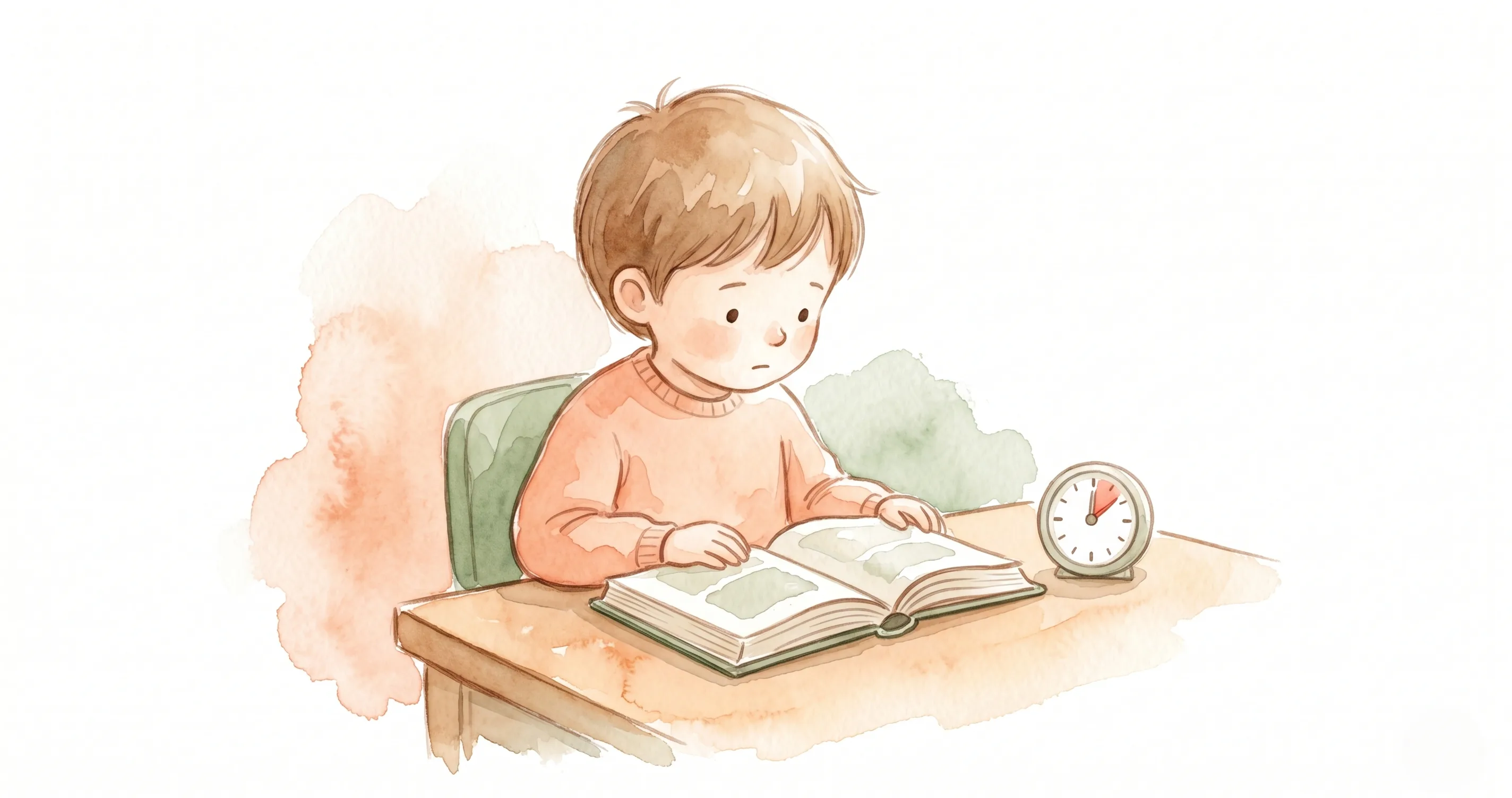 Child staring at an open textbook with a timer beside them - task initiation