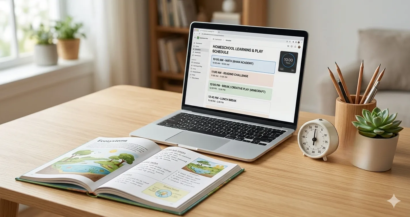 A tidy homeschool desk with books, a tablet, and a timer - homeschool screen time limits