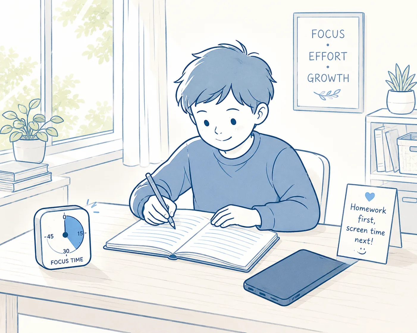 Child at desk with open notebook and timer - homework before screen time routine