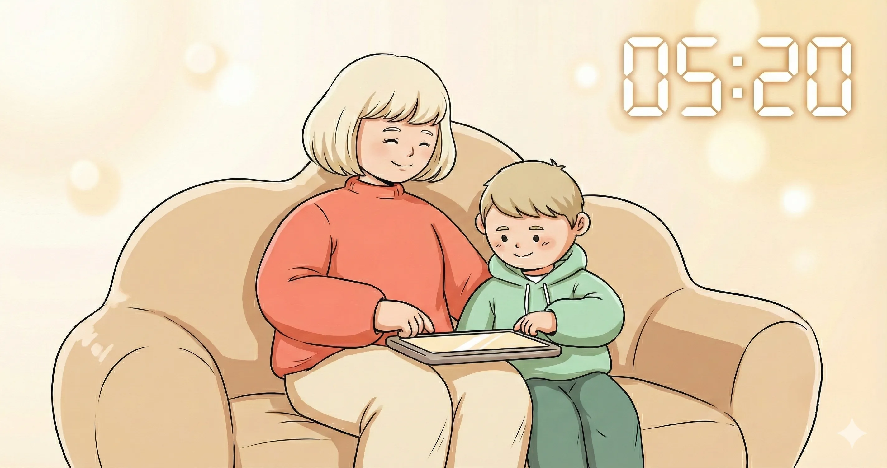 Child watching a tablet with a clock nearby - how much screen time is too much