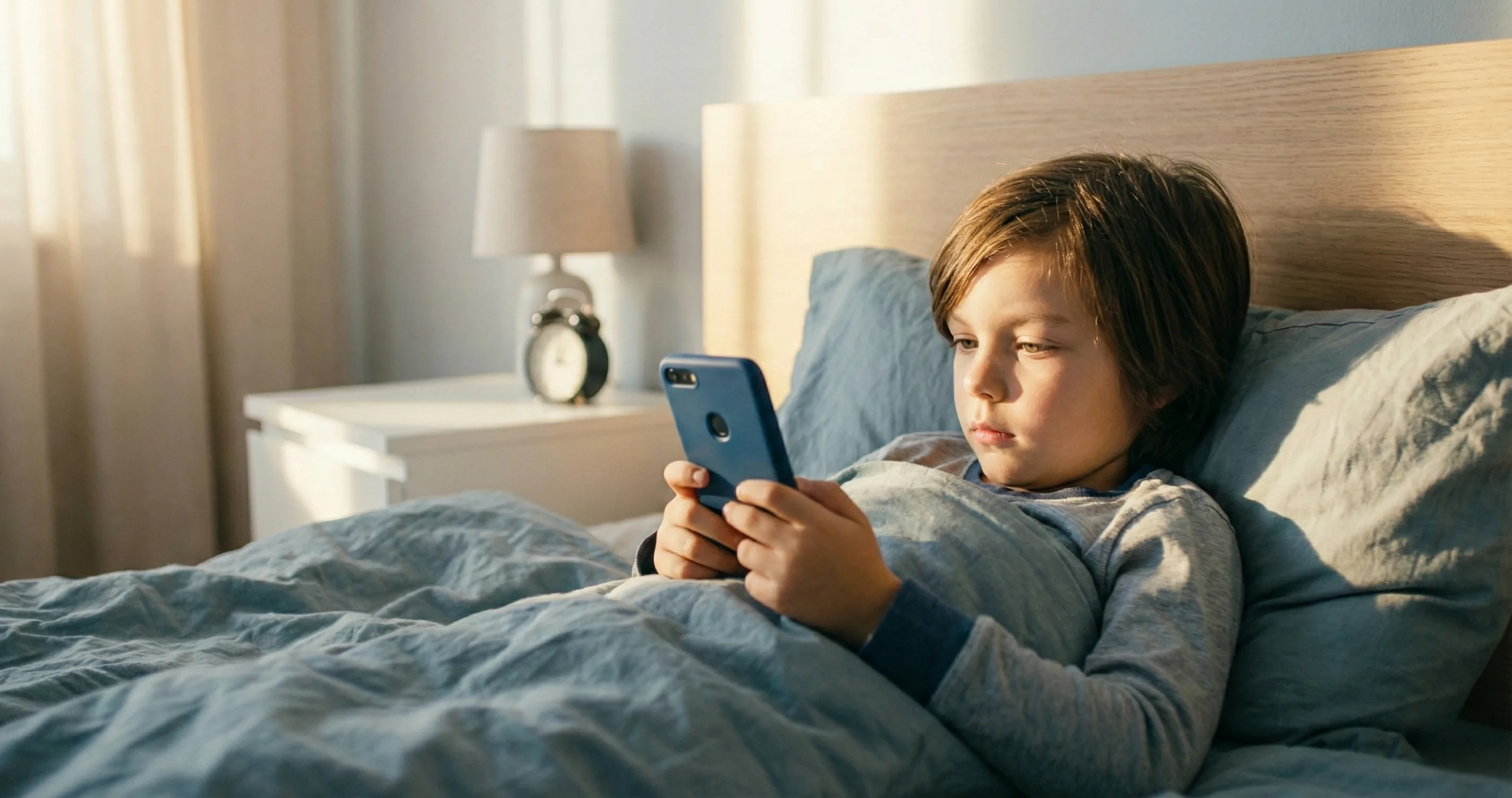 Child lying in bed with phone glow on face in dark room - how to stop doomscrolling