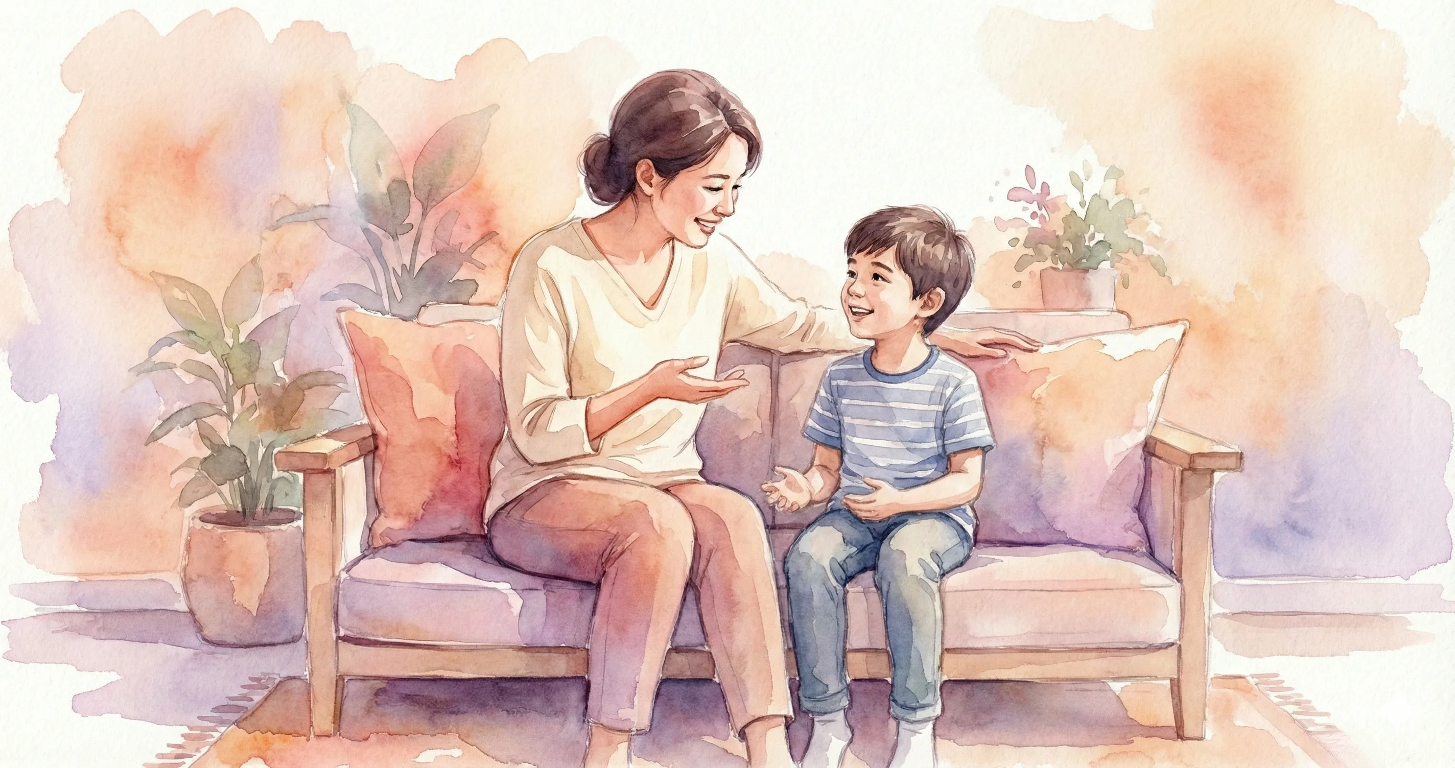 Watercolor of a parent and child sitting together having a gentle conversation - how to talk to kids about screen time
