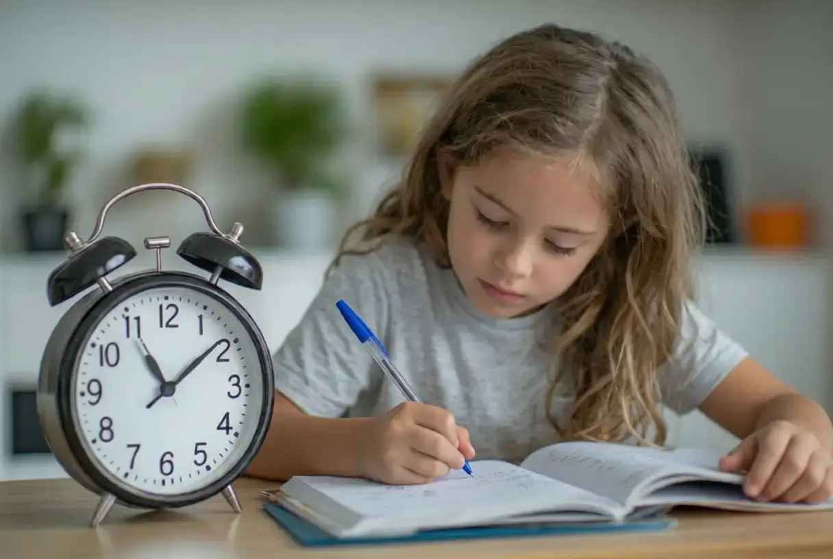 Child focused on homework with a timer nearby - homework timer for kids
