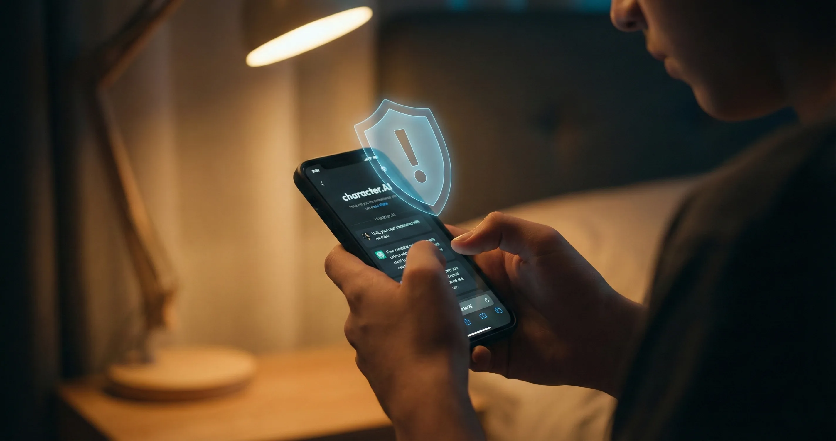 Phone screen showing AI chatbot conversation with a warning shield icon - is character ai safe