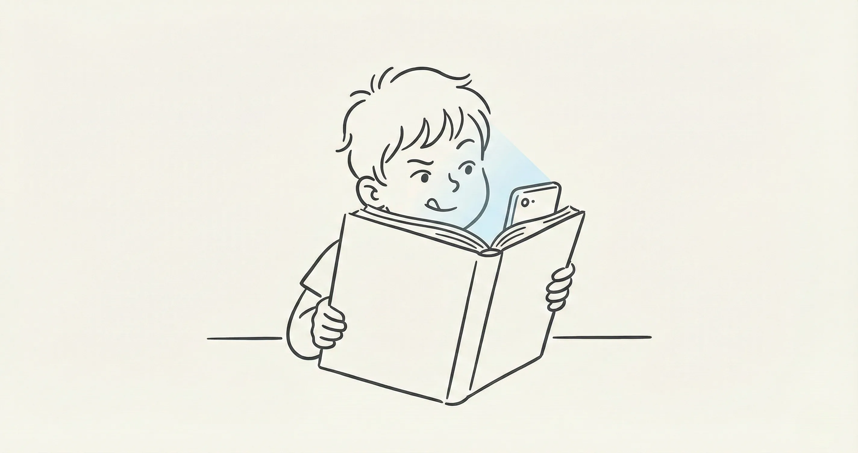 Line drawing of a child peeking at a phone hidden behind a book - kids bypassing screen time parental controls