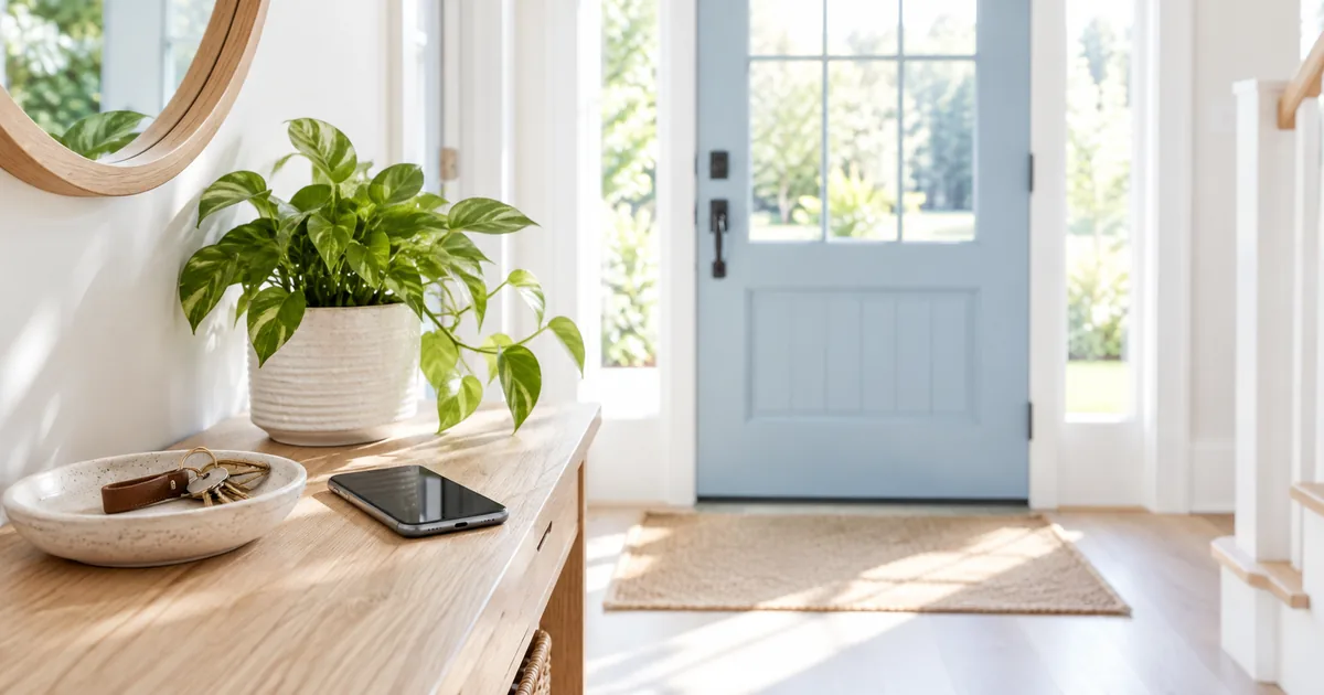 Bright airy photo of a family hallway with keys and a phone by the door - life360 alternative
