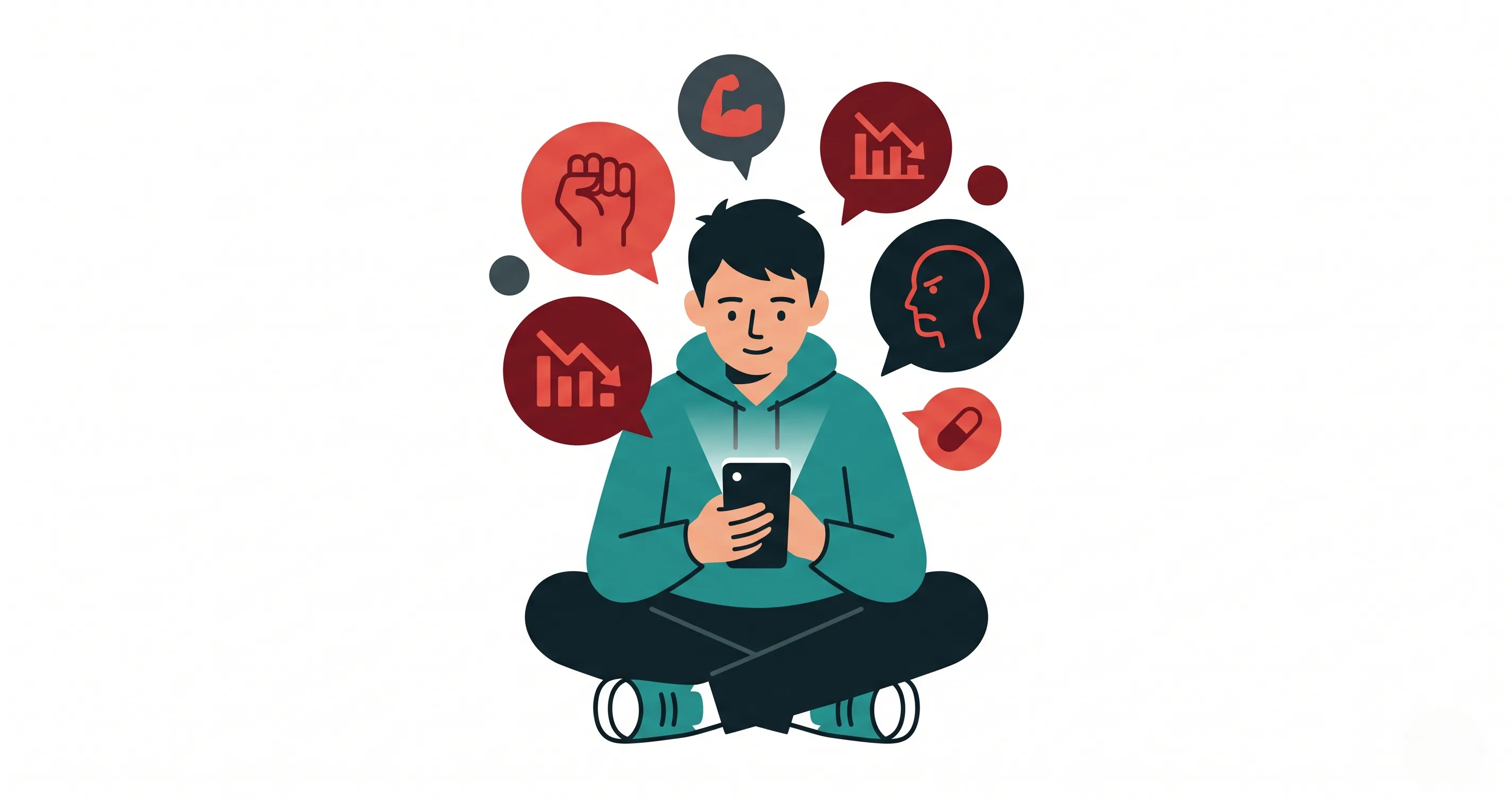 Teen boy looking at phone with social media algorithm icons floating - manosphere meaning