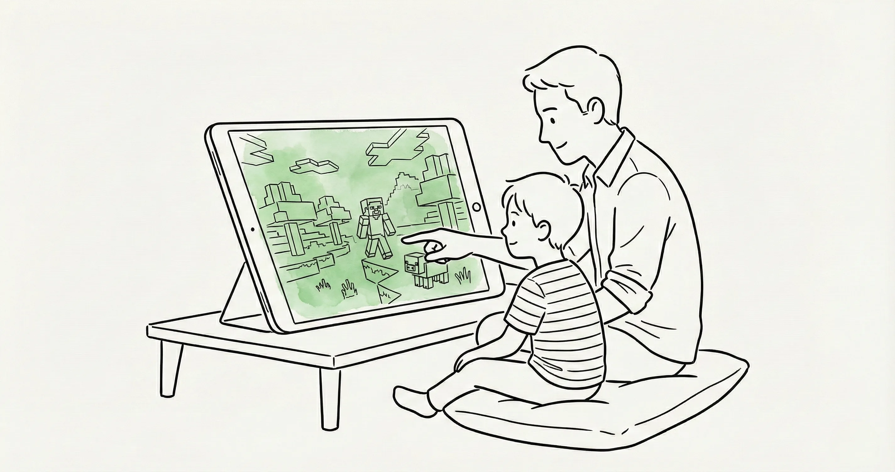 Parent and child looking at Minecraft on a tablet together - minecraft parental controls
