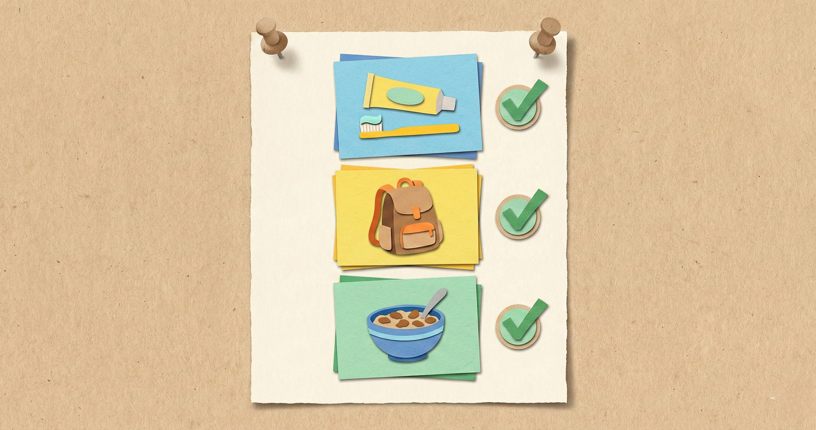 Paper cutout morning routine chart with colorful task cards on a wall - morning routine for kids