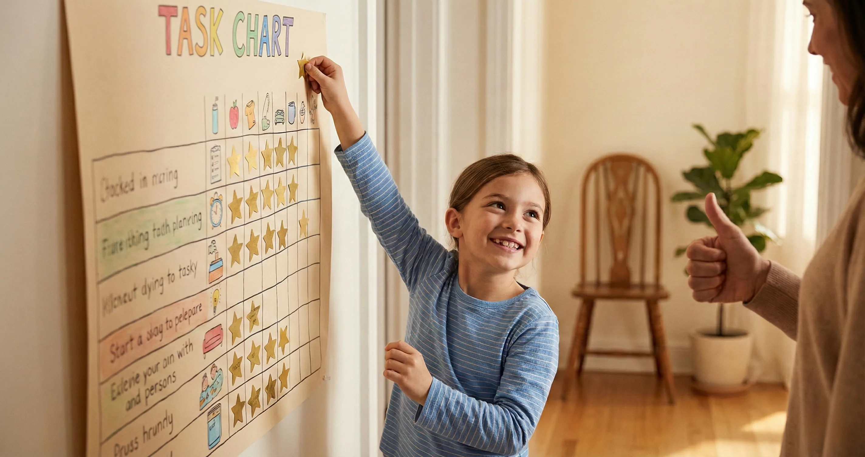 Child placing a gold star sticker on a large task chart on a wall - motivate kids without bribing