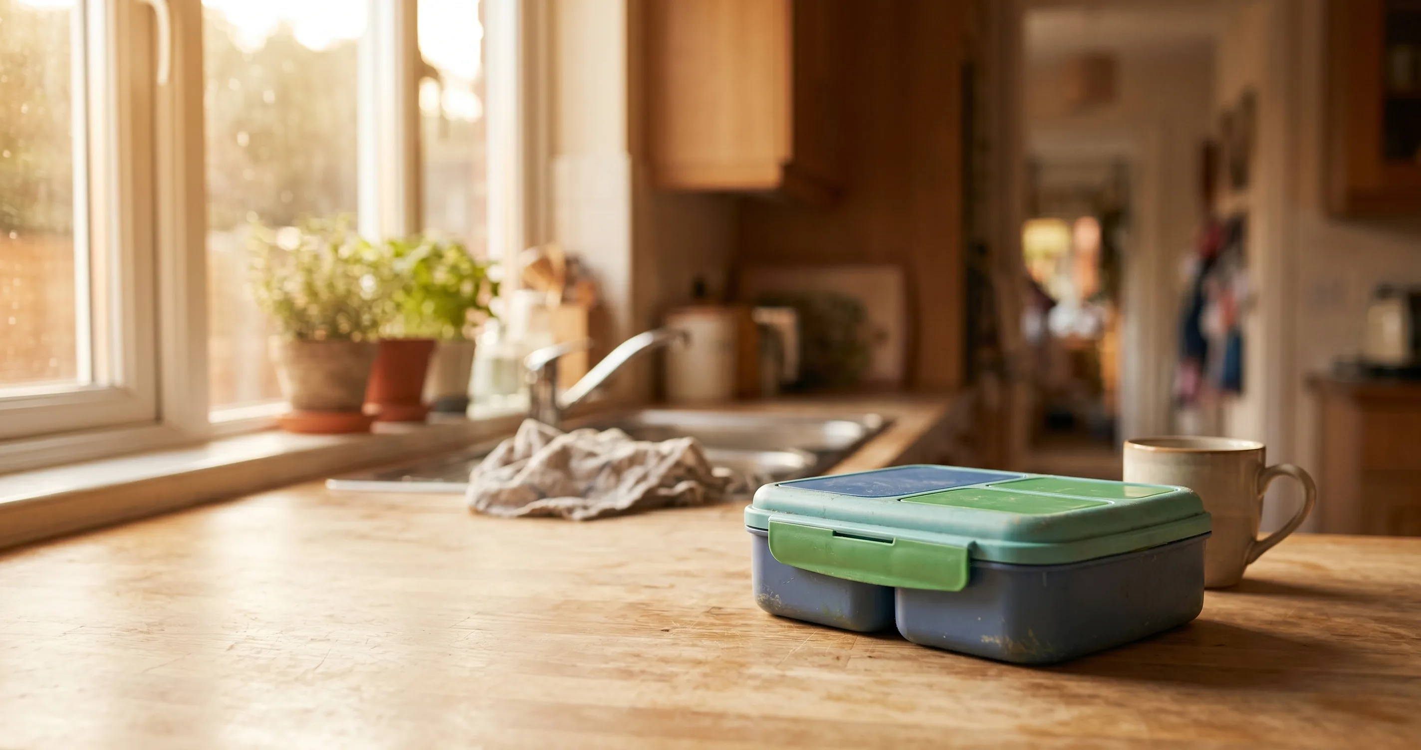 Child looking at a forgotten lunch box on the kitchen counter - natural consequences parenting