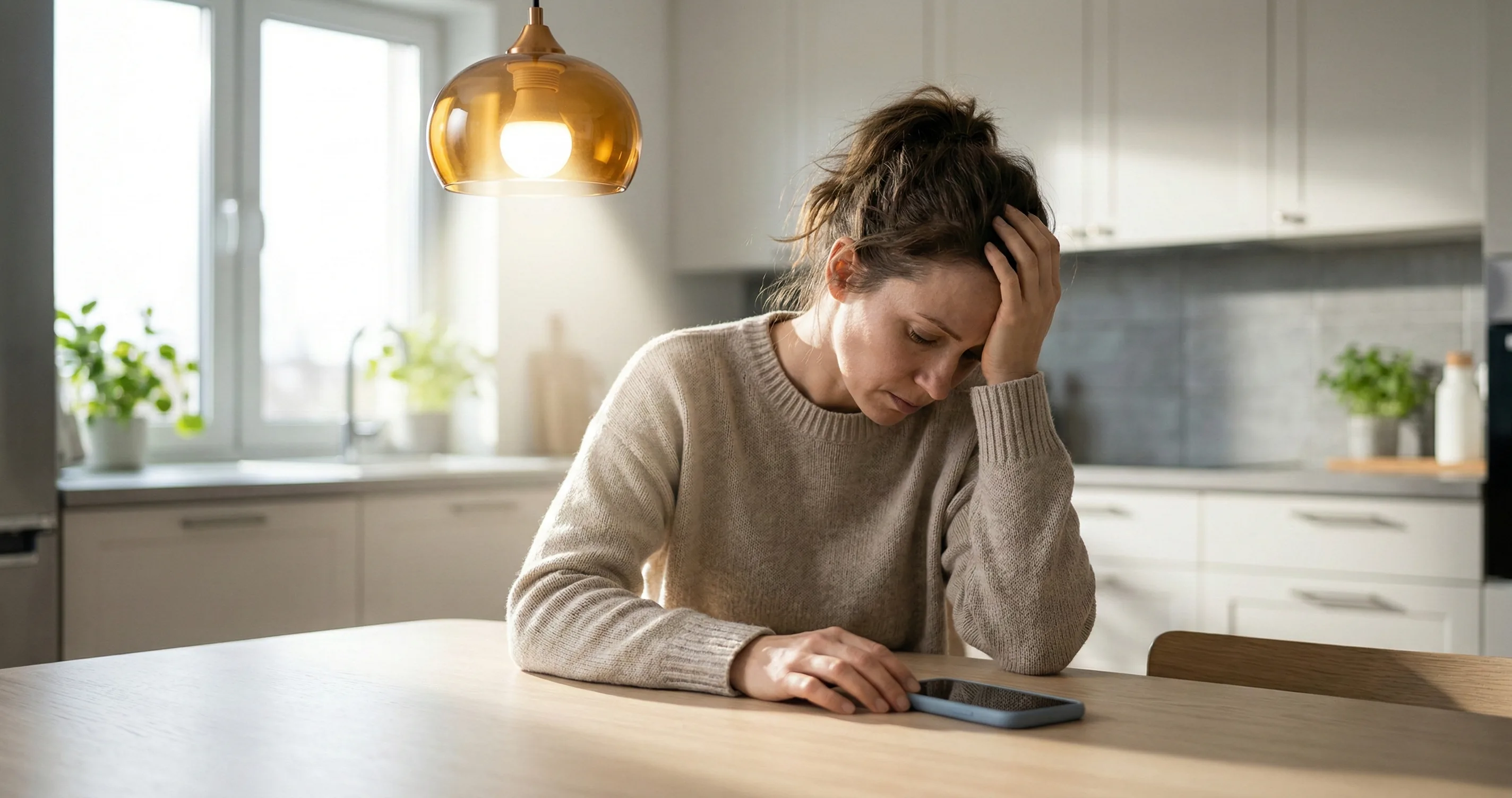 Tired parent sitting at a kitchen table with head in hands and a phone nearby - parental burnout symptoms