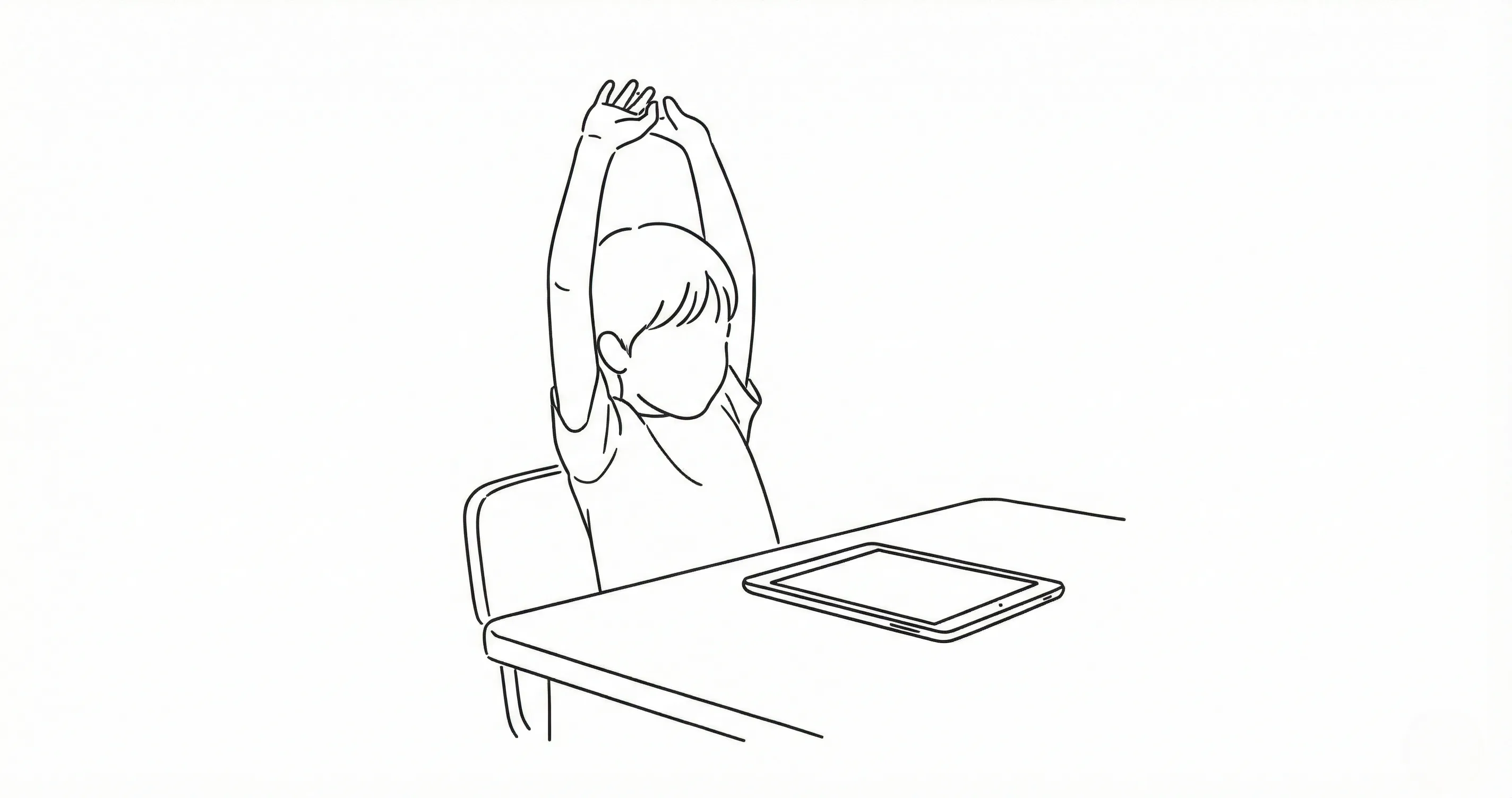 Child stretching at a desk with a tablet nearby - physical effects of screen time on kids