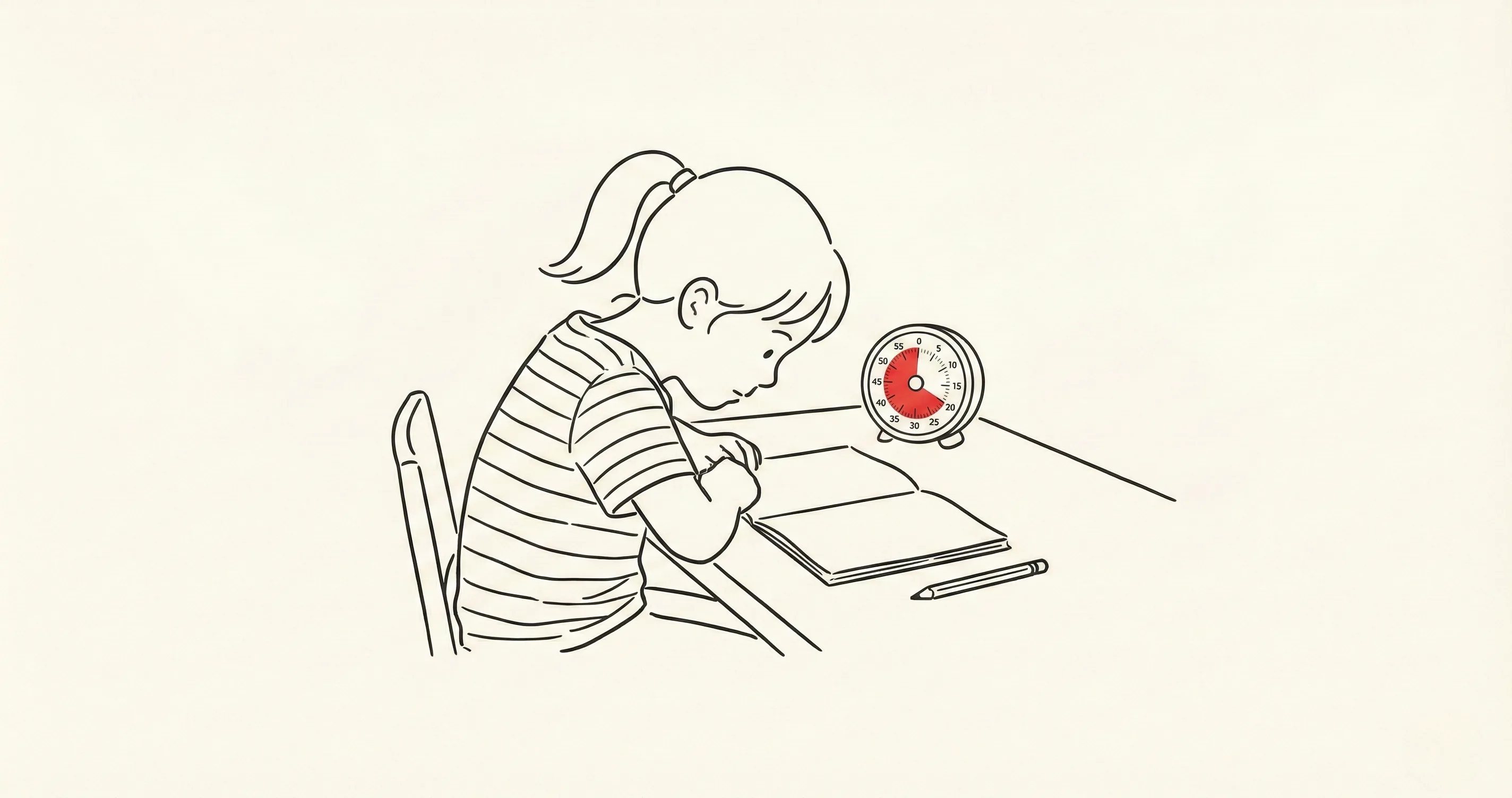 Child at a clean desk with a visual timer and open notebook - pomodoro technique for adhd
