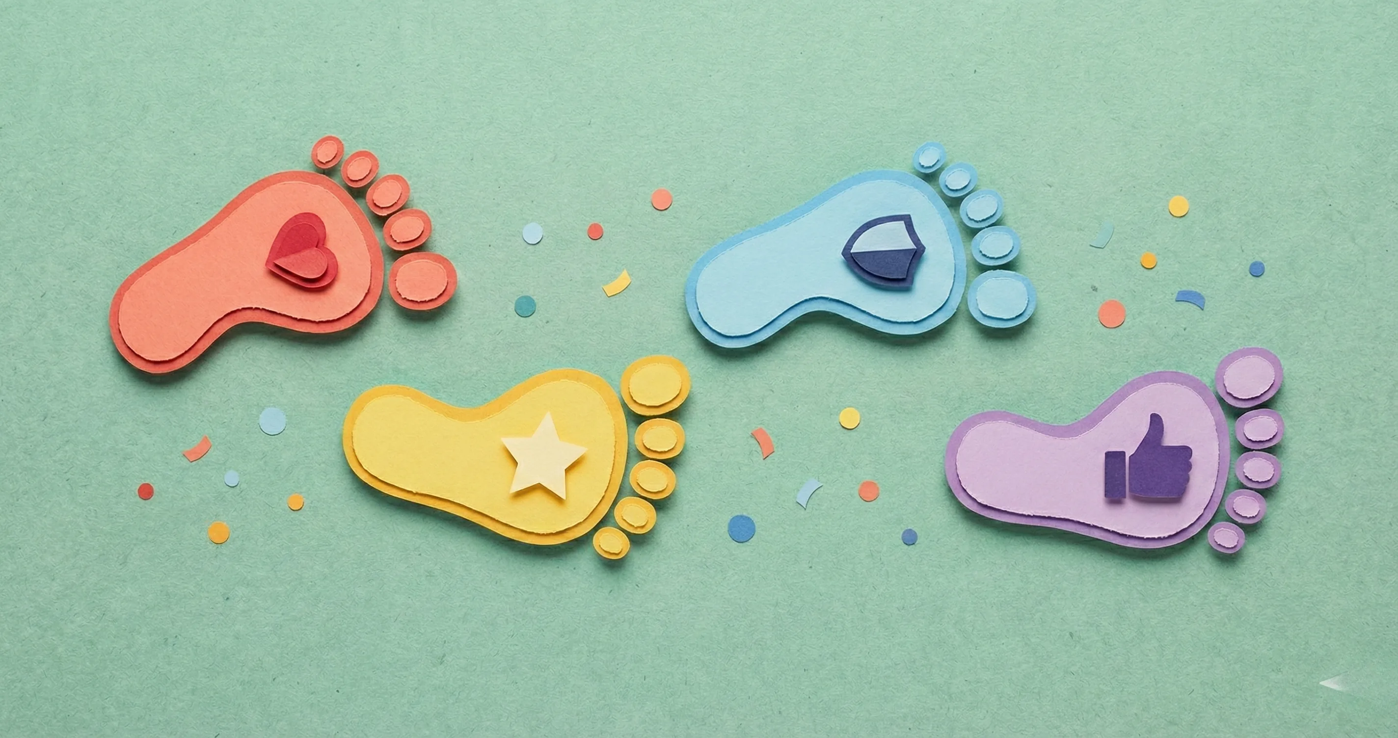 Layered paper footprints with small icons on a craft background - positive digital footprint for kids