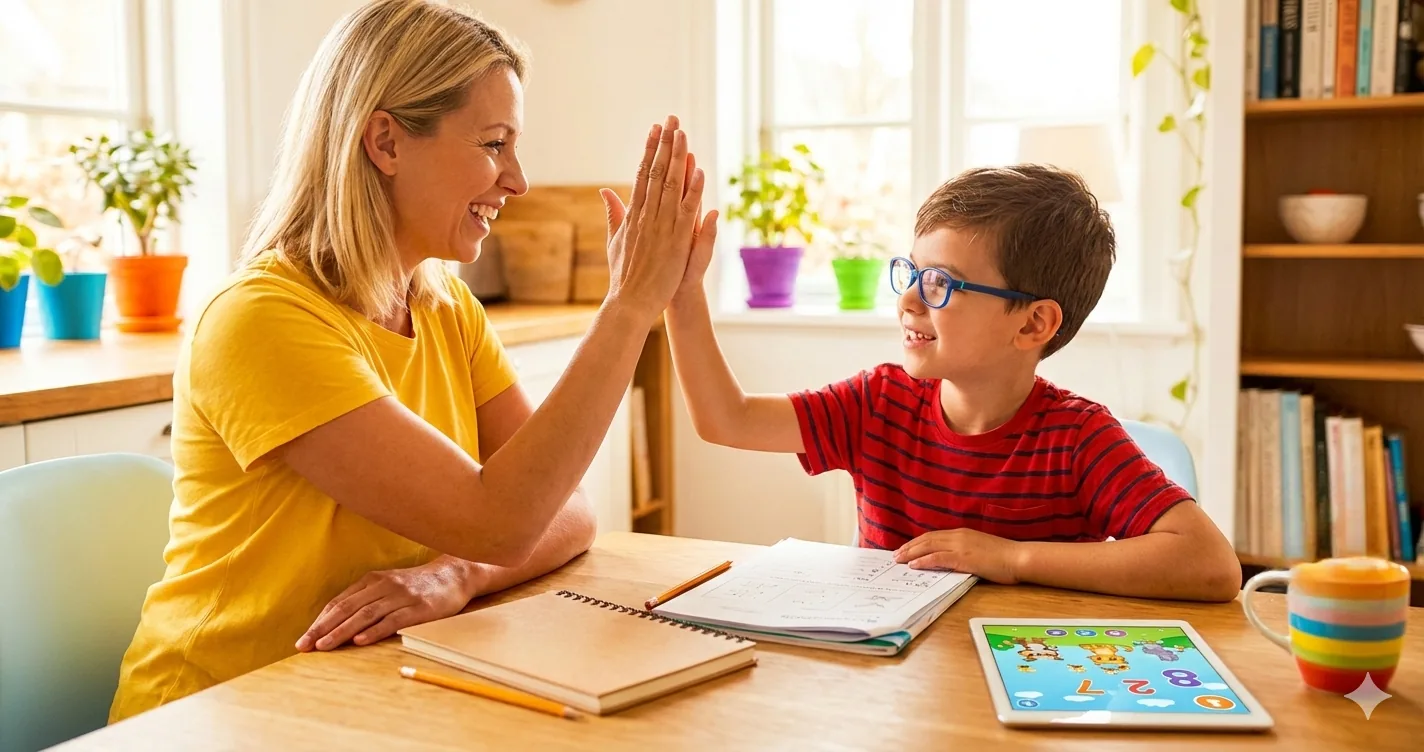 Parent and child high-fiving after completing homework - positive reinforcement screen time